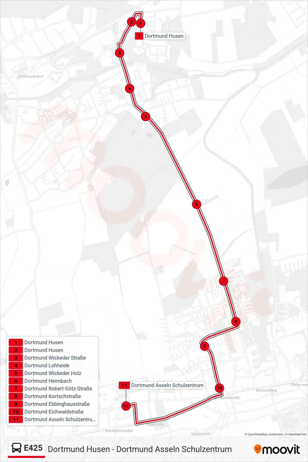 Linie E425 (Bus) Richtung Dortmund Asseln Schulzentrum: Route und Haltestellen auf der Karte