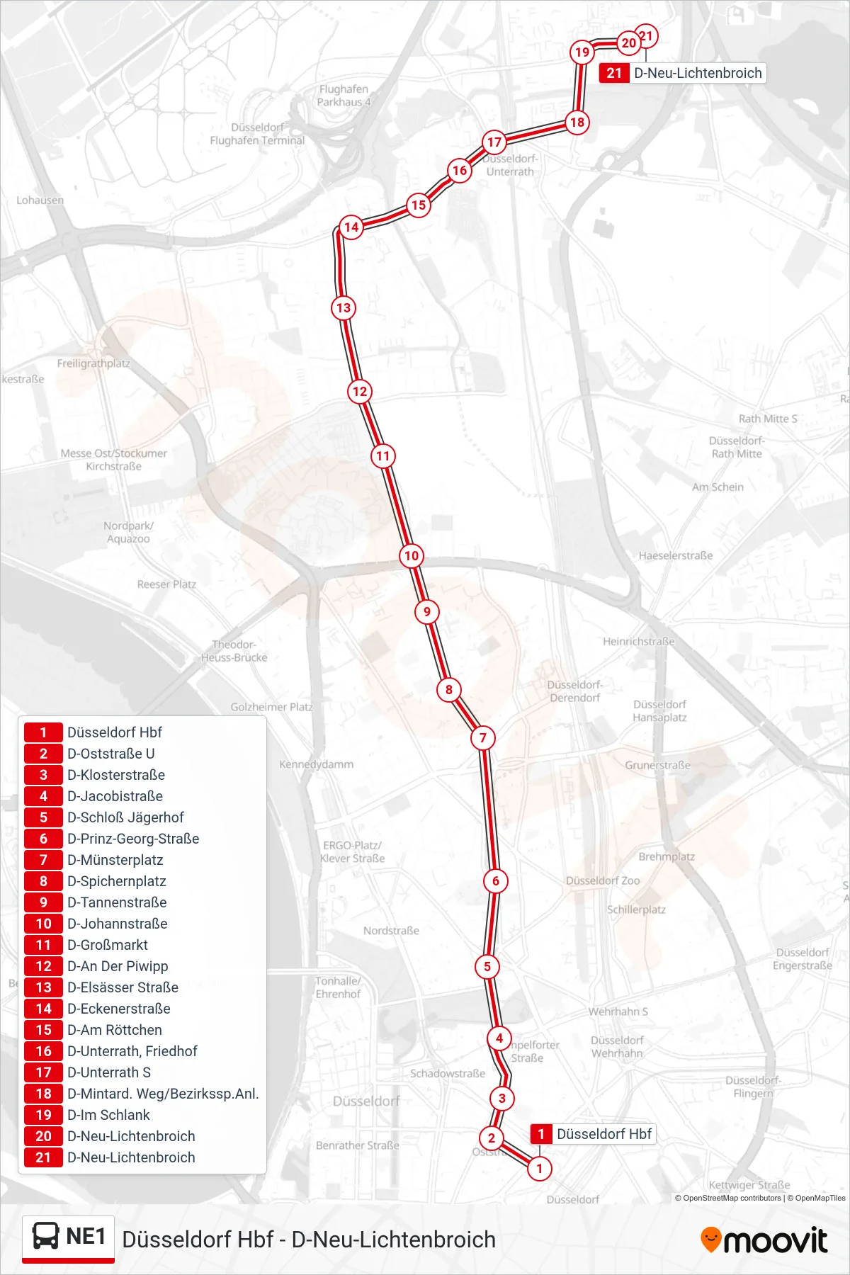 Linie NE1 (Bus) Richtung D-Neu-Lichtenbroich: Route und Haltestellen auf der Karte
