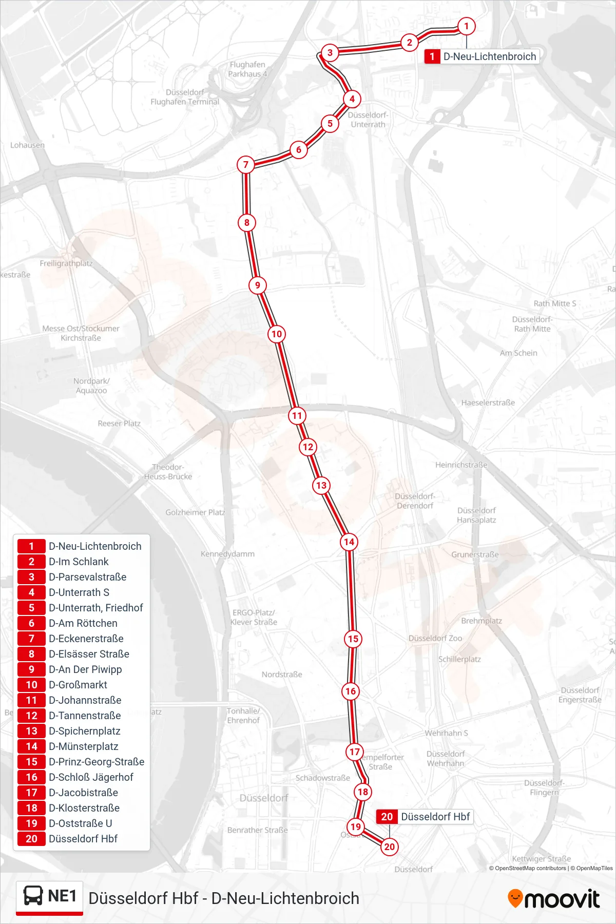 Linie NE1 (Bus) Richtung Düsseldorf Hbf: Route und Haltestellen auf der Karte