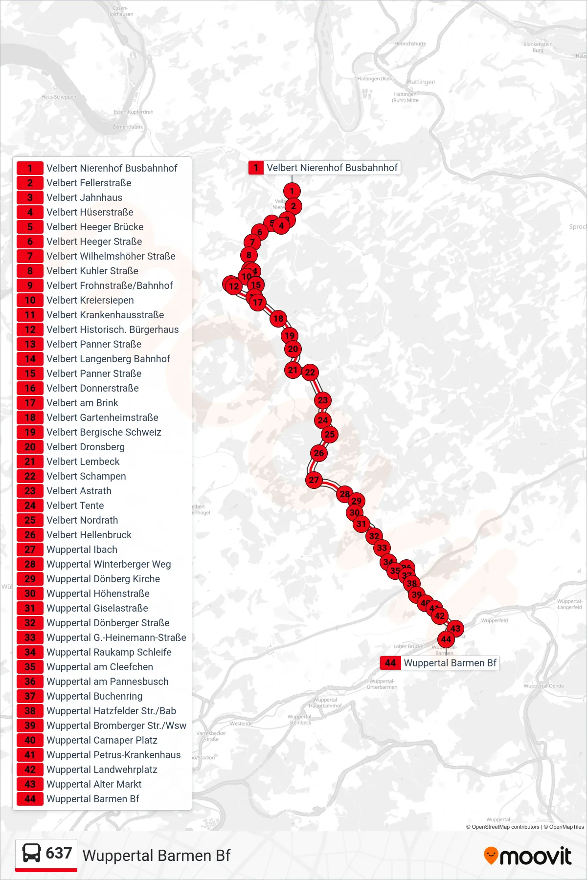637 bus Line (Wuppertal Barmen Bf) route and stops on a map