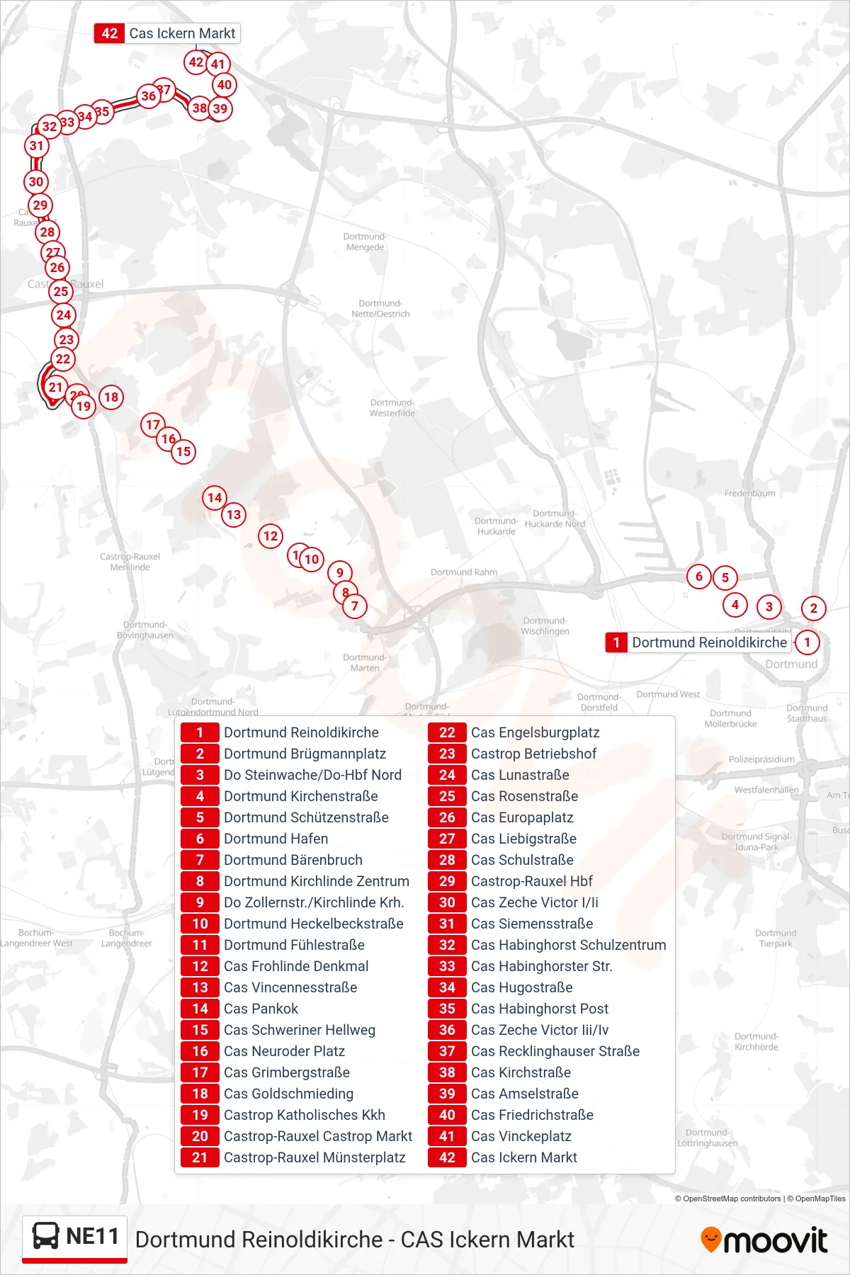 Linie NE11 (Bus) Richtung Cas Ickern Markt: Route und Haltestellen auf der Karte