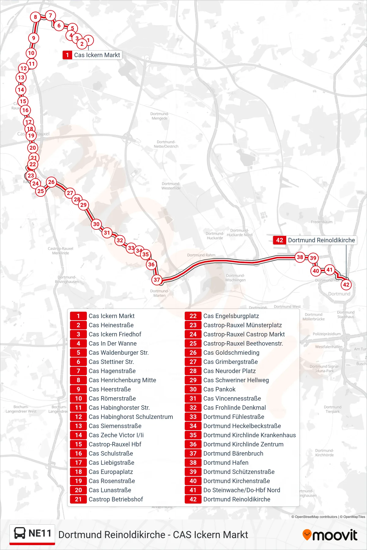 Linie NE11 (Bus) Richtung Dortmund Reinoldikirche: Route und Haltestellen auf der Karte