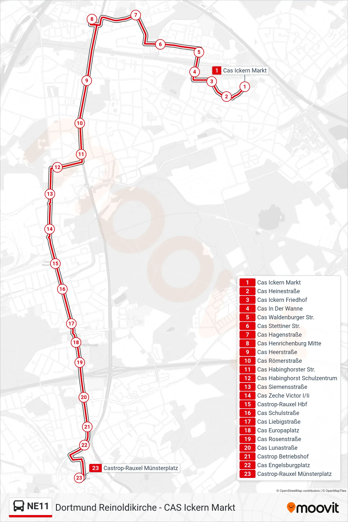 Linie NE11 (Bus) Richtung Castrop-Rauxel Münsterplatz: Route und Haltestellen auf der Karte
