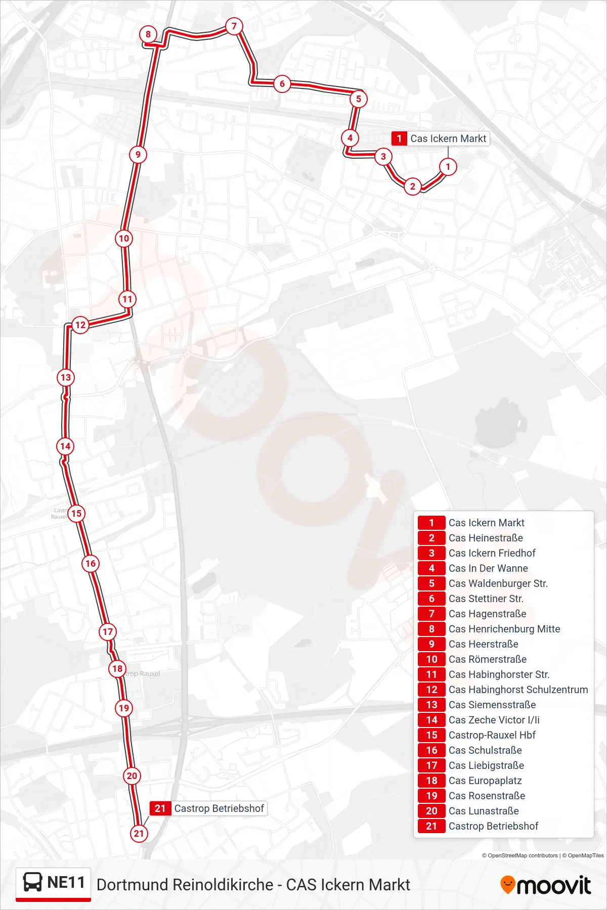 NE11 bus Line (Castrop Betriebshof) route and stops on a map