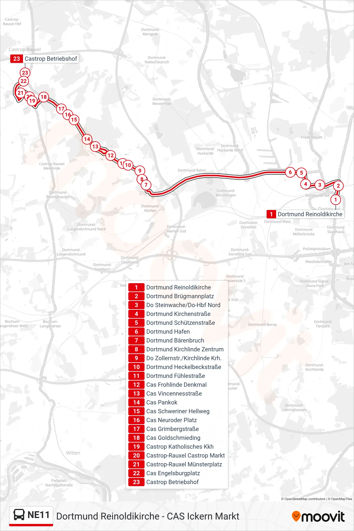 Linie NE11 (Bus) Richtung Castrop Betriebshof: Route und Haltestellen auf der Karte