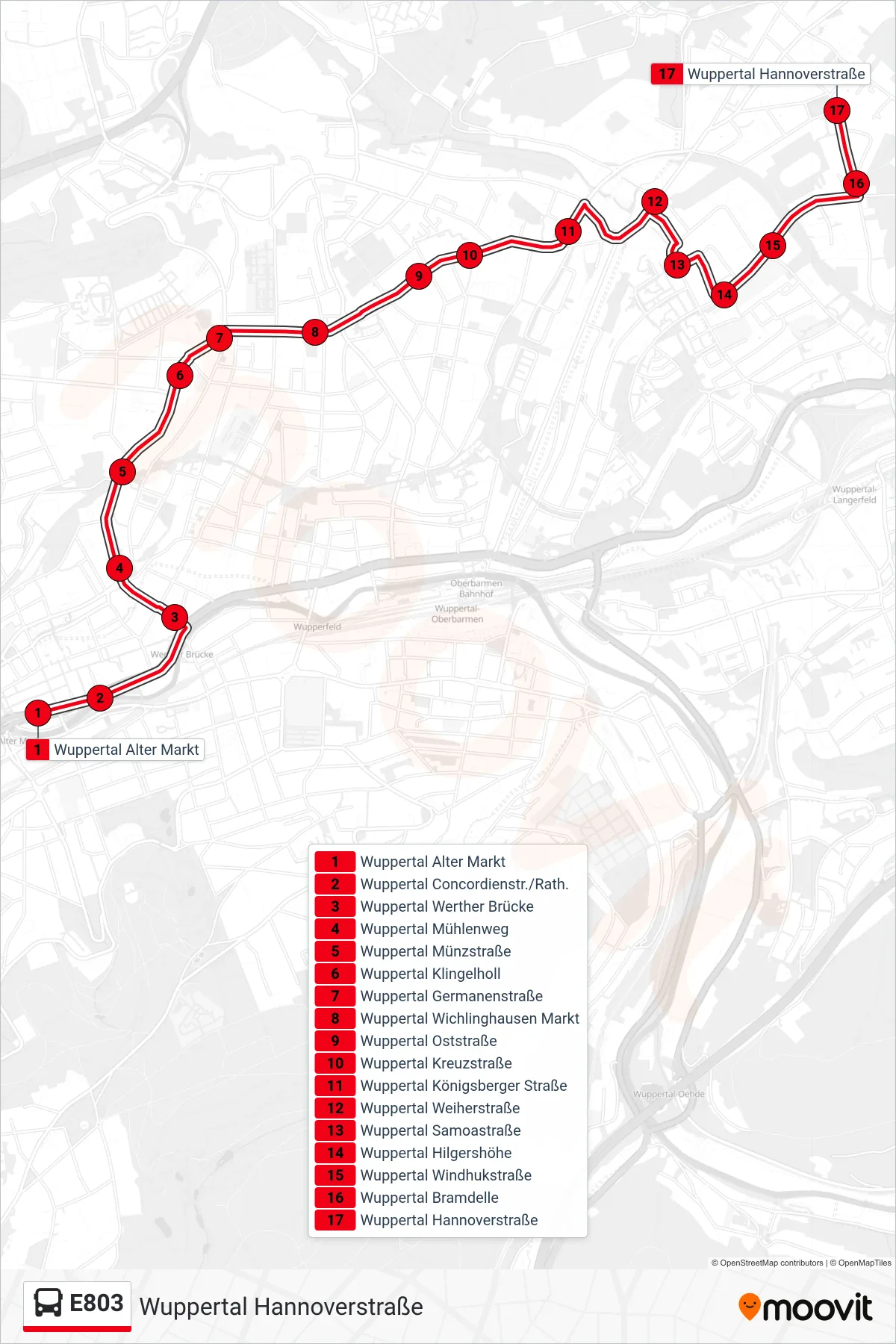 Linie E803 (Bus) Richtung Wuppertal Hannoverstraße: Route und Haltestellen auf der Karte