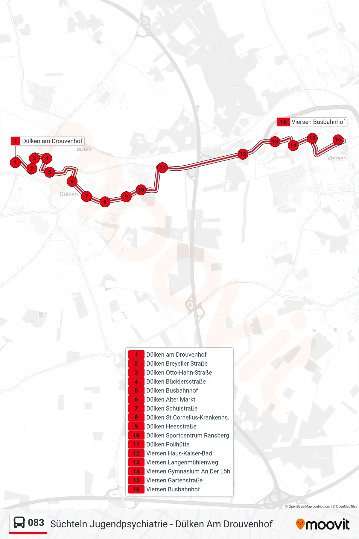 Linie 083 (Bus) Richtung Viersen Busbahnhof: Route und Haltestellen auf der Karte