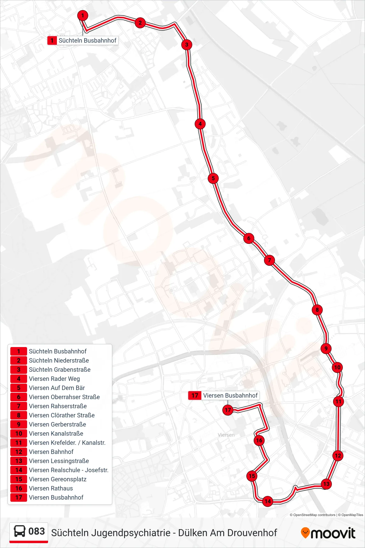 083 bus Line (Viersen Busbahnhof) route and stops on a map