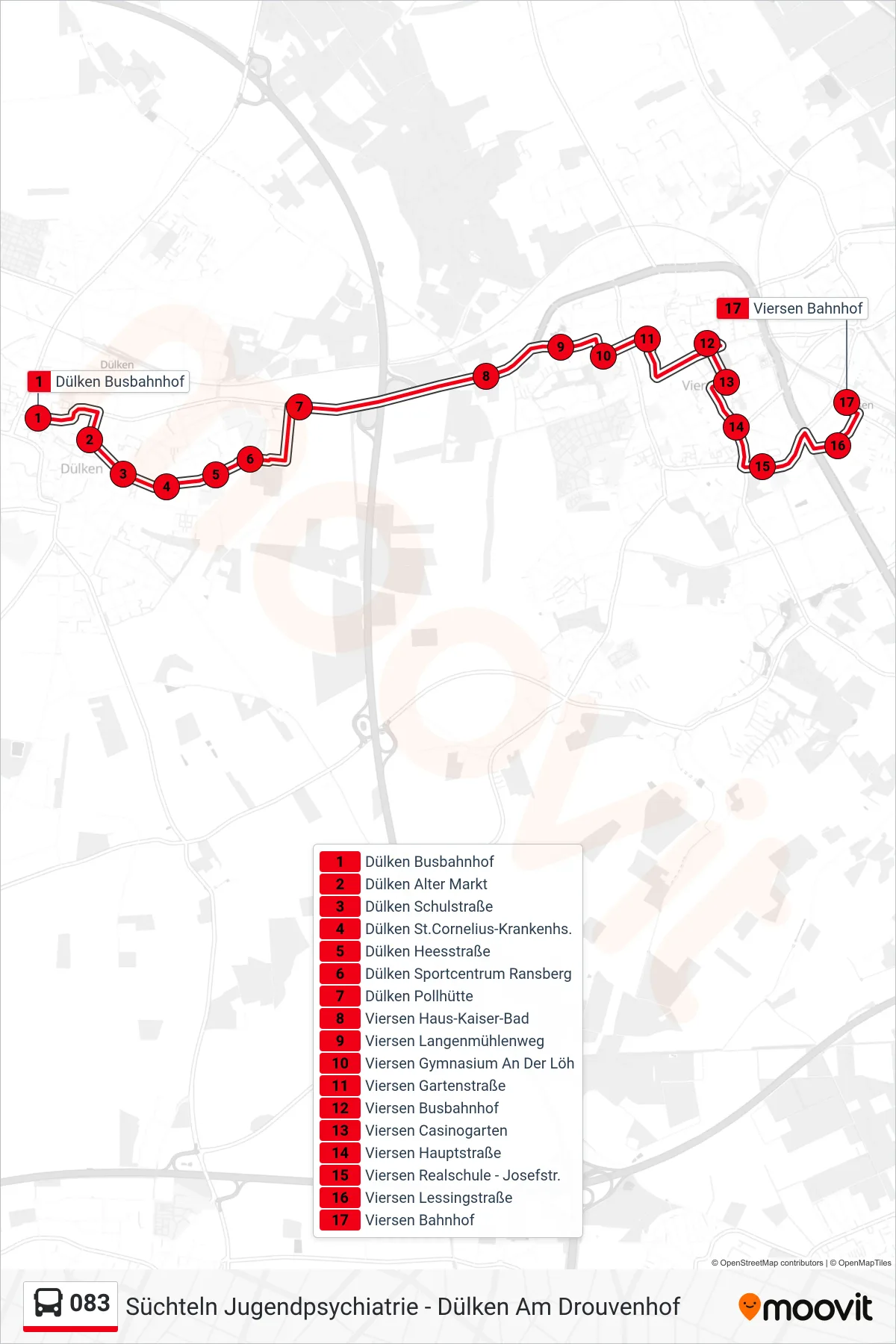 Linie 083 (Bus) Richtung Viersen Bahnhof: Route und Haltestellen auf der Karte