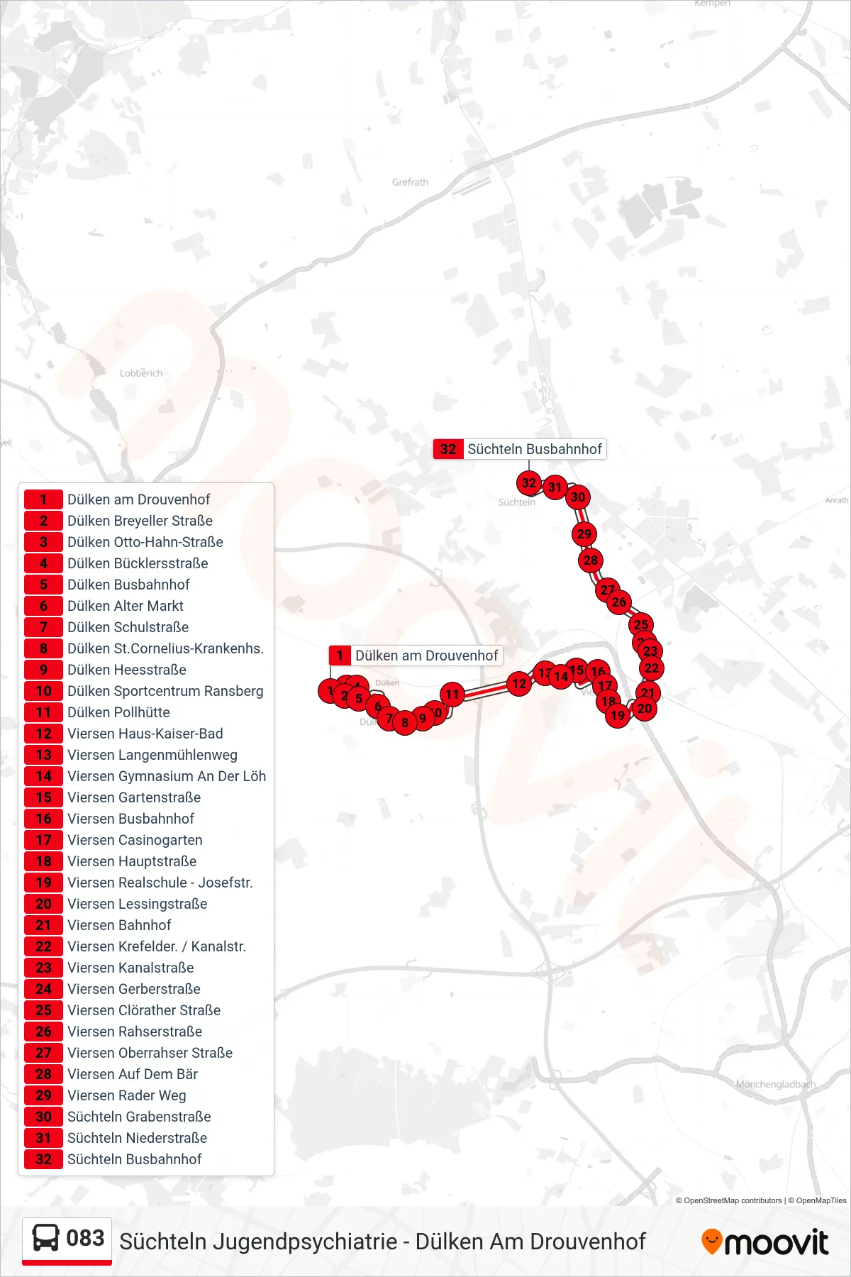 083 bus Line (Süchteln Busbahnhof) route and stops on a map