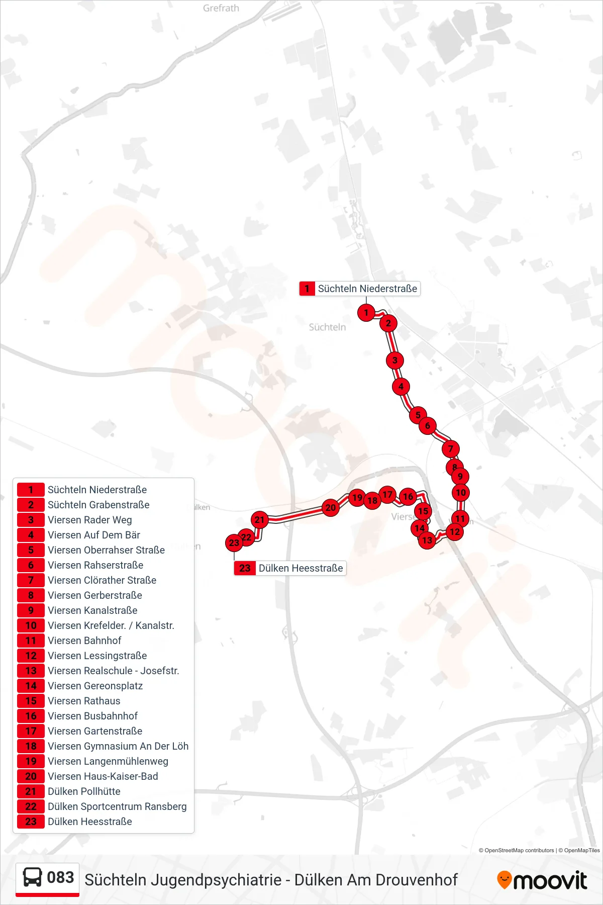 083 bus Line (Dülken Heesstraße) route and stops on a map