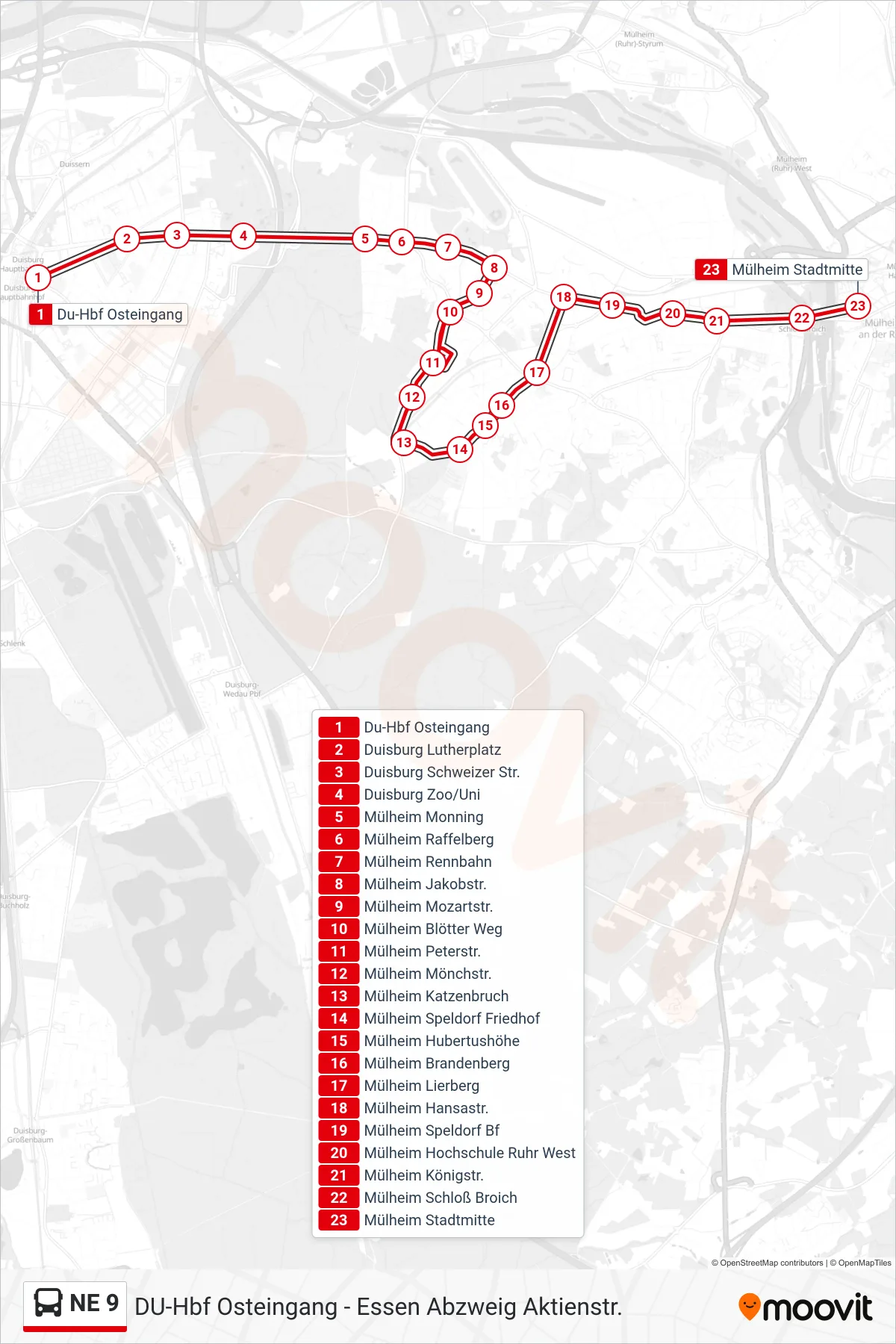 Linie NE 9 (Bus) Richtung Mülheim Stadtmitte: Route und Haltestellen auf der Karte