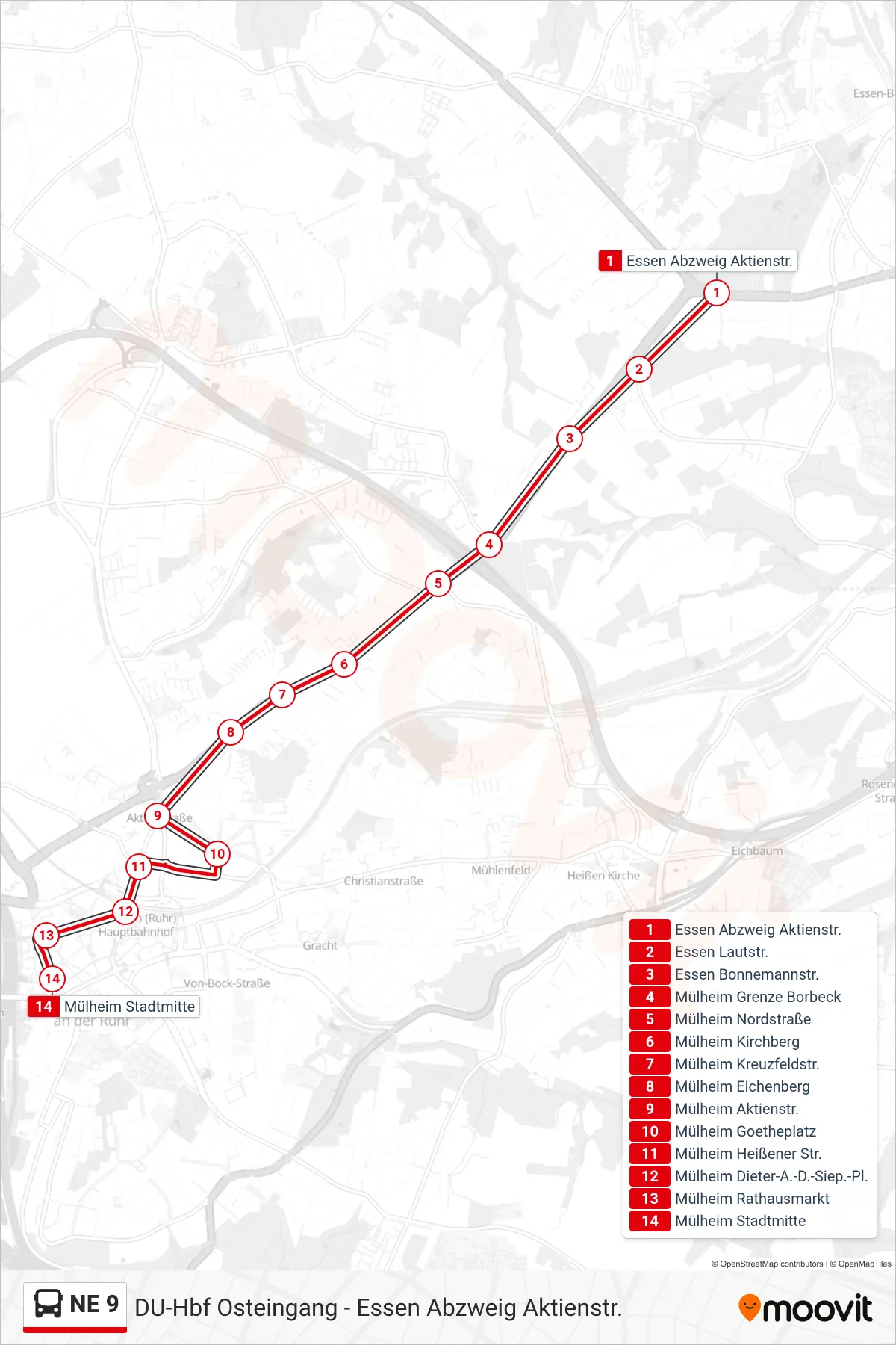 NE 9 bus Line (Mülheim Stadtmitte) route and stops on a map