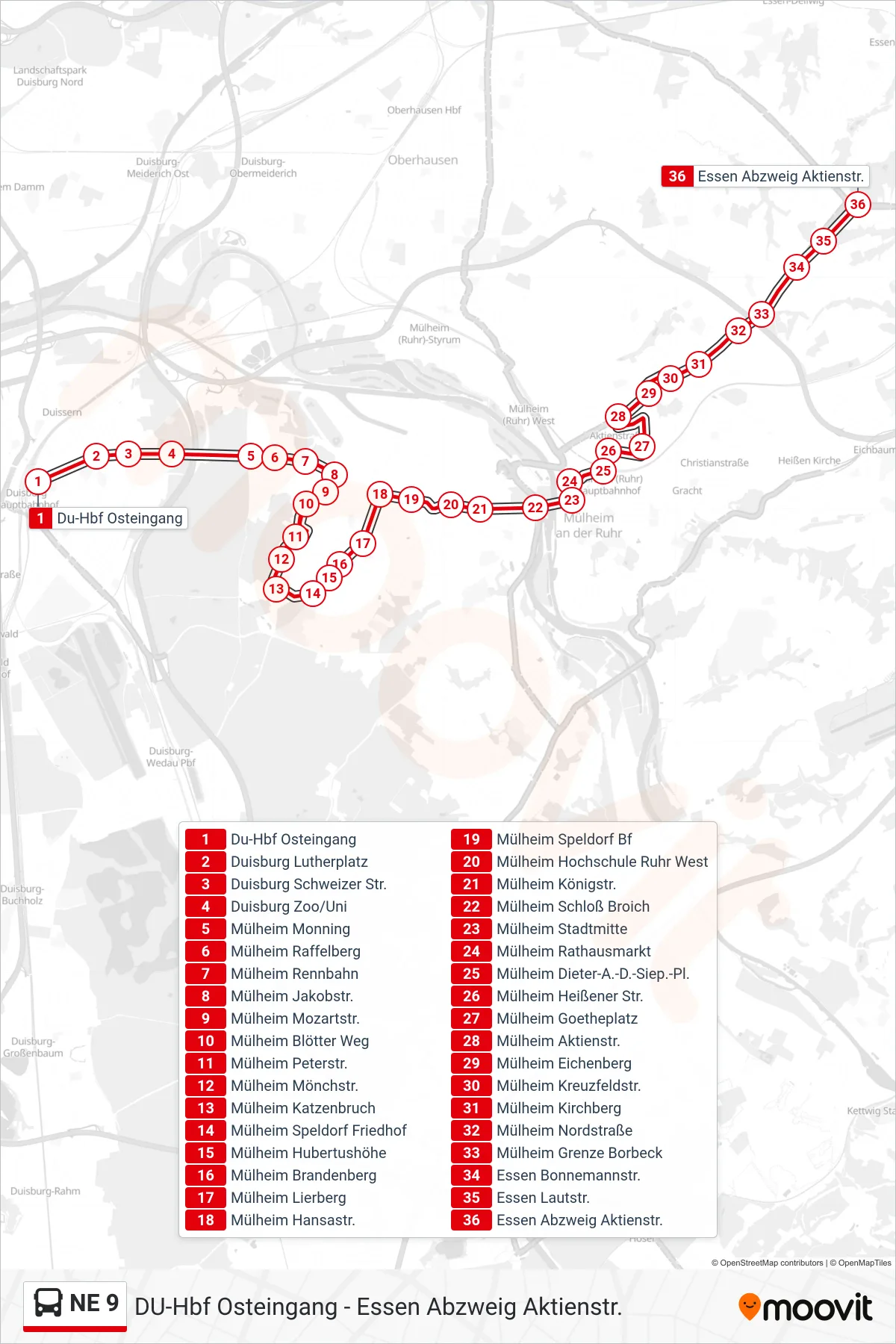 NE 9 bus Line (Essen Abzweig Aktienstr.) route and stops on a map