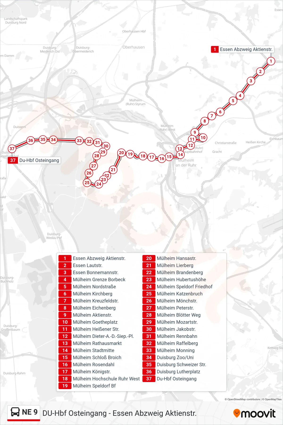 NE 9 bus Line (Du-Hbf Osteingang) route and stops on a map