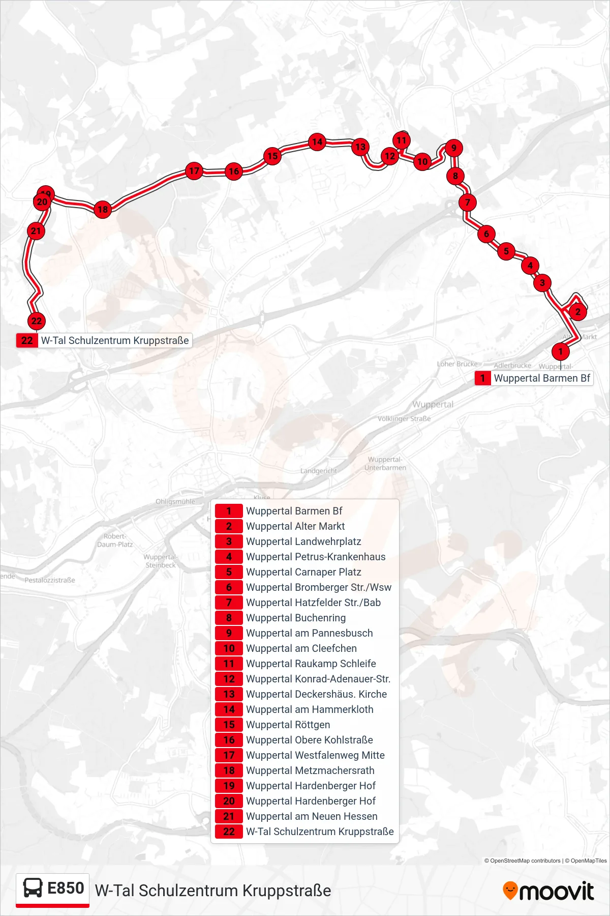 Linie E850 (Bus) Richtung W-Tal Schulzentrum Kruppstraße: Route und Haltestellen auf der Karte