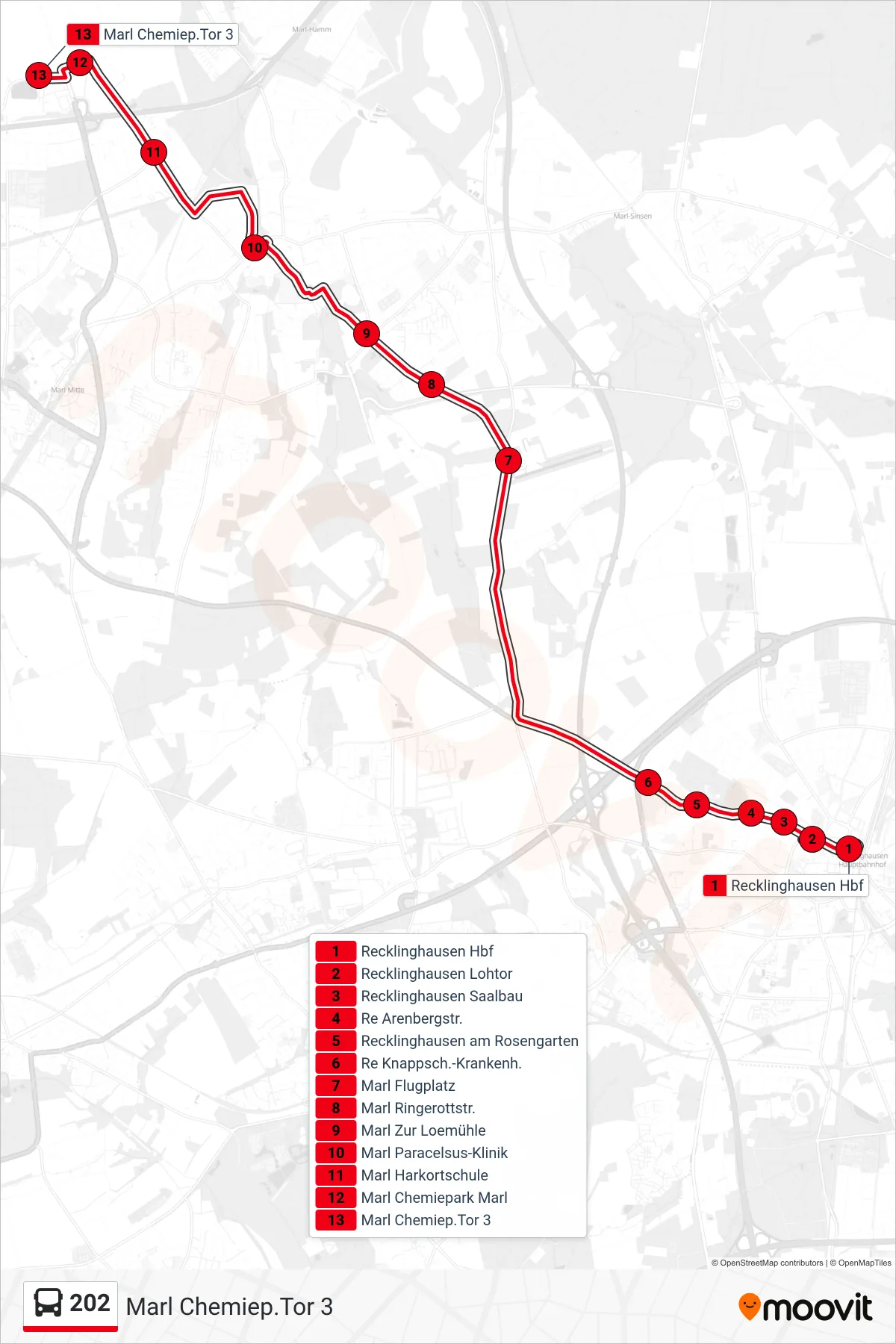 Linie 202 (Bus) Richtung Marl Chemiep.Tor 3: Route und Haltestellen auf der Karte