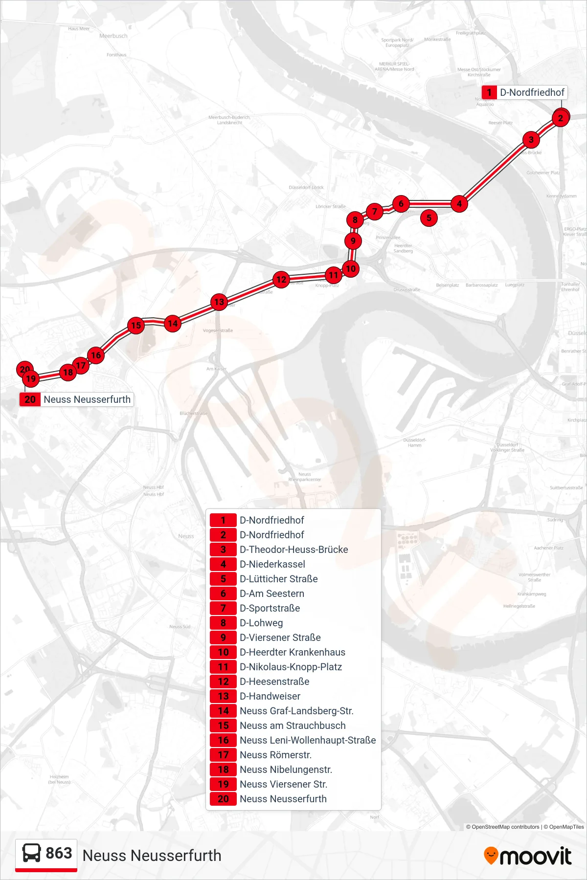 Linie 863 (Bus) Richtung Neuss Neusserfurth: Route und Haltestellen auf der Karte