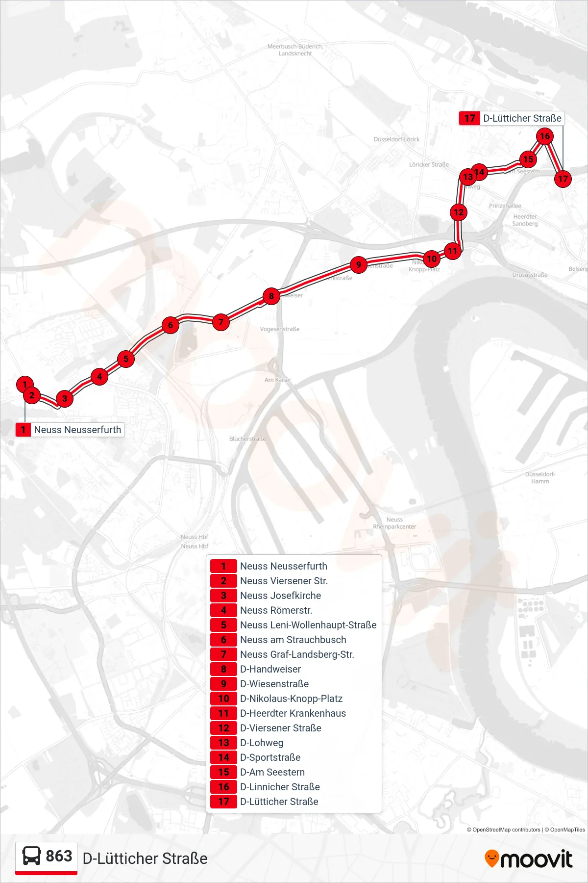 Linie 863 (Bus) Richtung D-Lütticher Straße: Route und Haltestellen auf der Karte