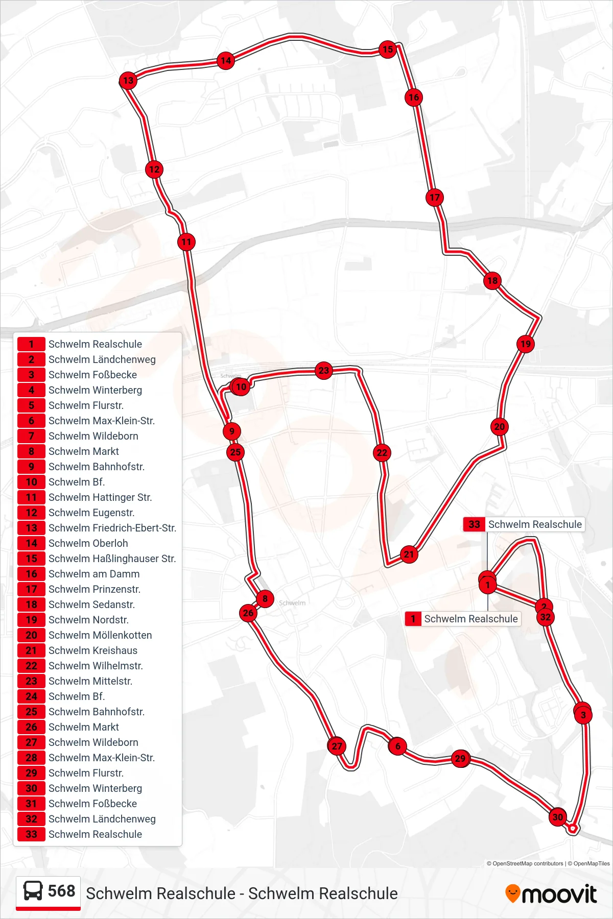 568 bus Line (Schwelm Realschule) route and stops on a map