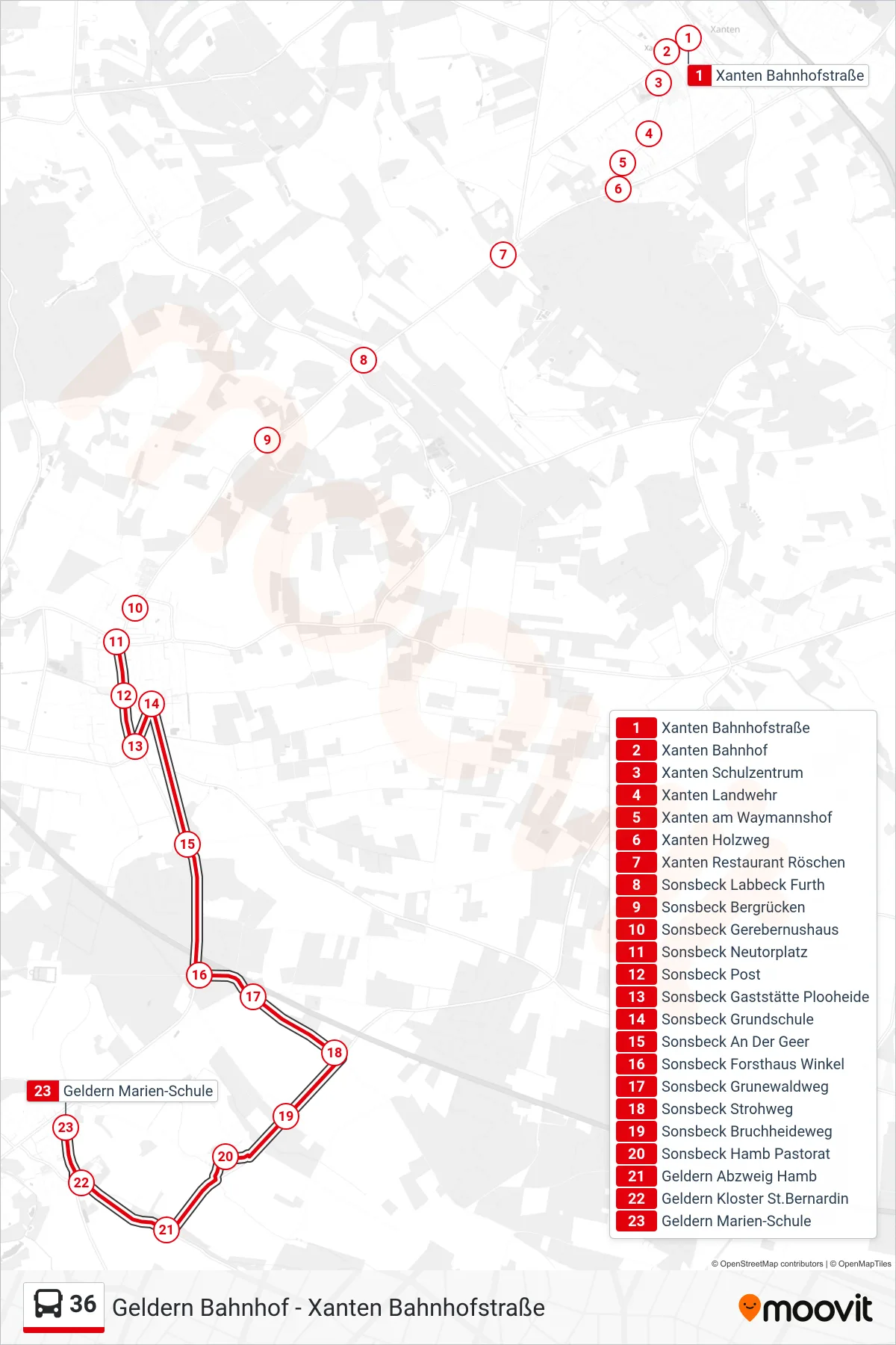 Linie 36 (Bus) Richtung Geldern Marien-Schule: Route und Haltestellen auf der Karte