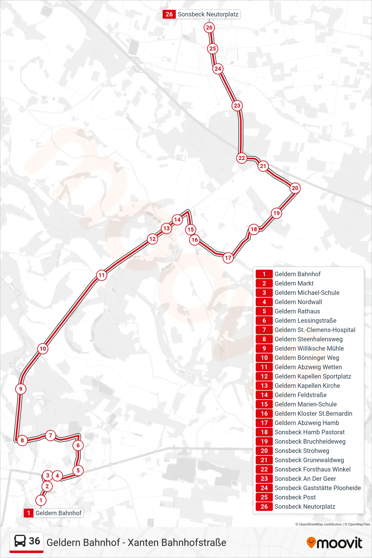 36 bus Line (Sonsbeck Neutorplatz) route and stops on a map