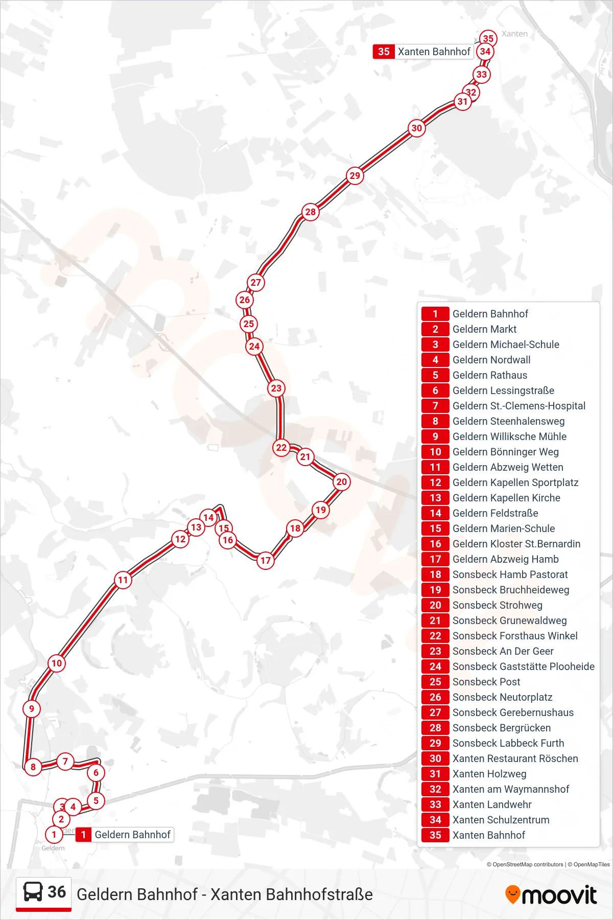 Linie 36 (Bus) Richtung Xanten Bahnhof: Route und Haltestellen auf der Karte