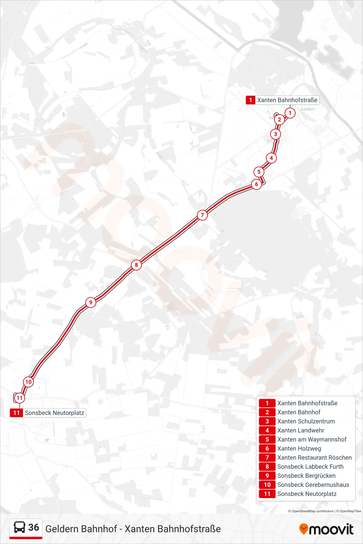 36 bus Line (Sonsbeck Neutorplatz) route and stops on a map