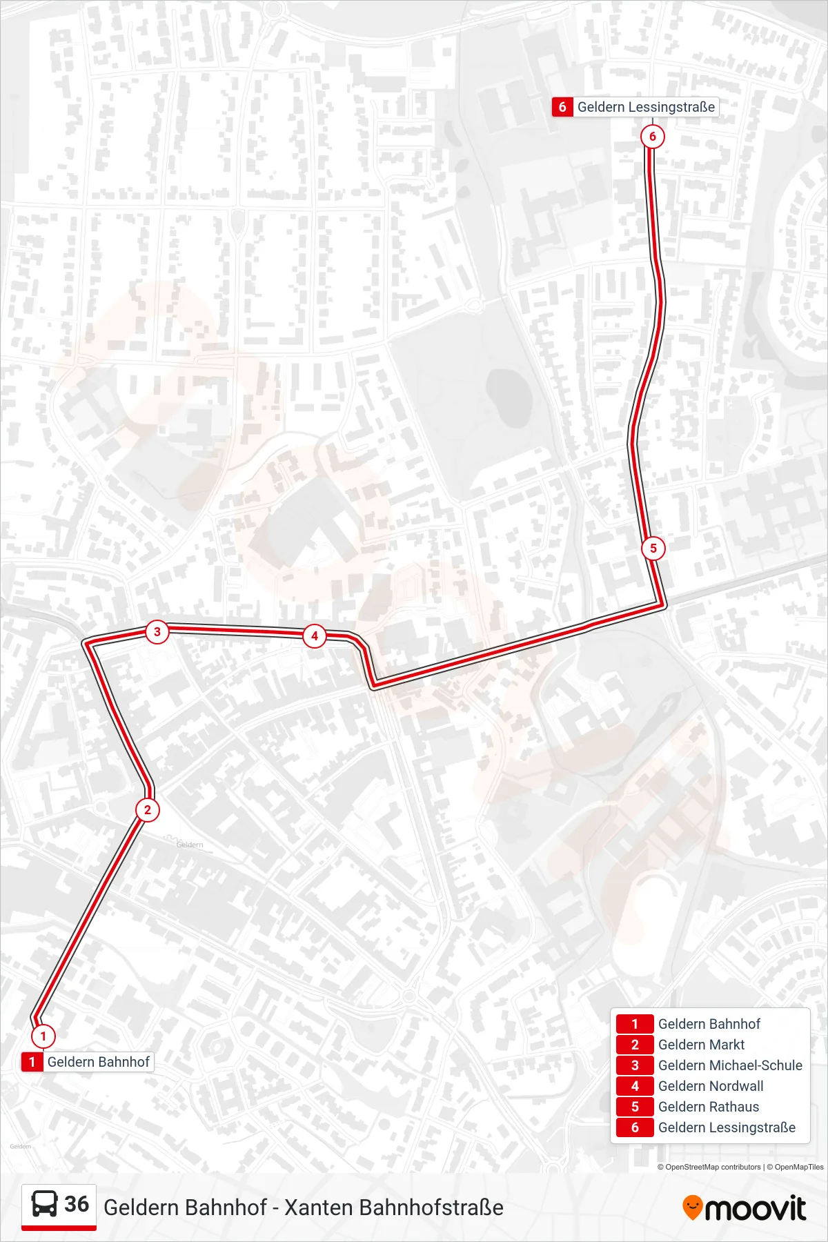 36 bus Line (Geldern Lessingstraße) route and stops on a map