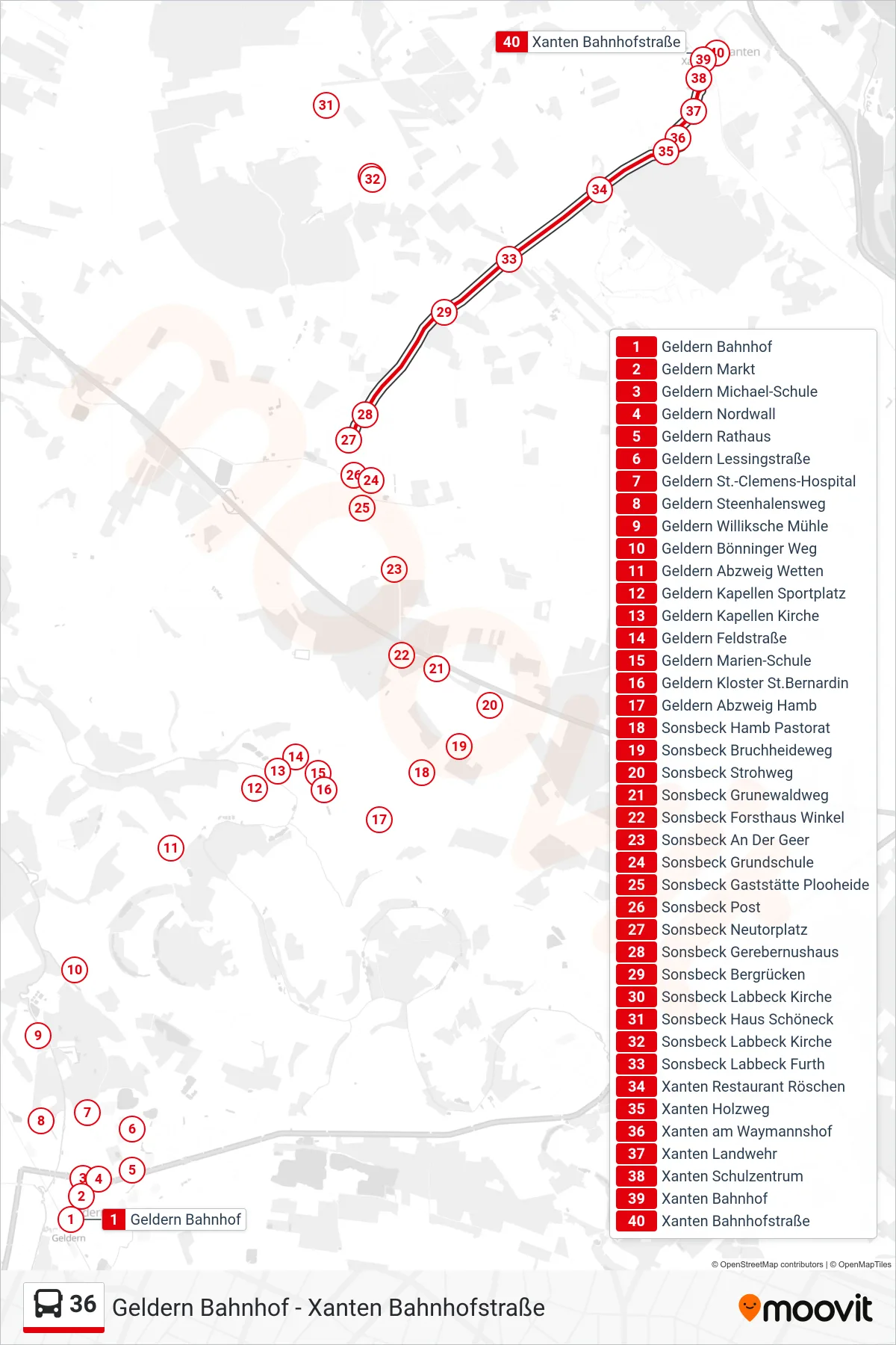36 bus Line (Xanten Bahnhofstraße) route and stops on a map