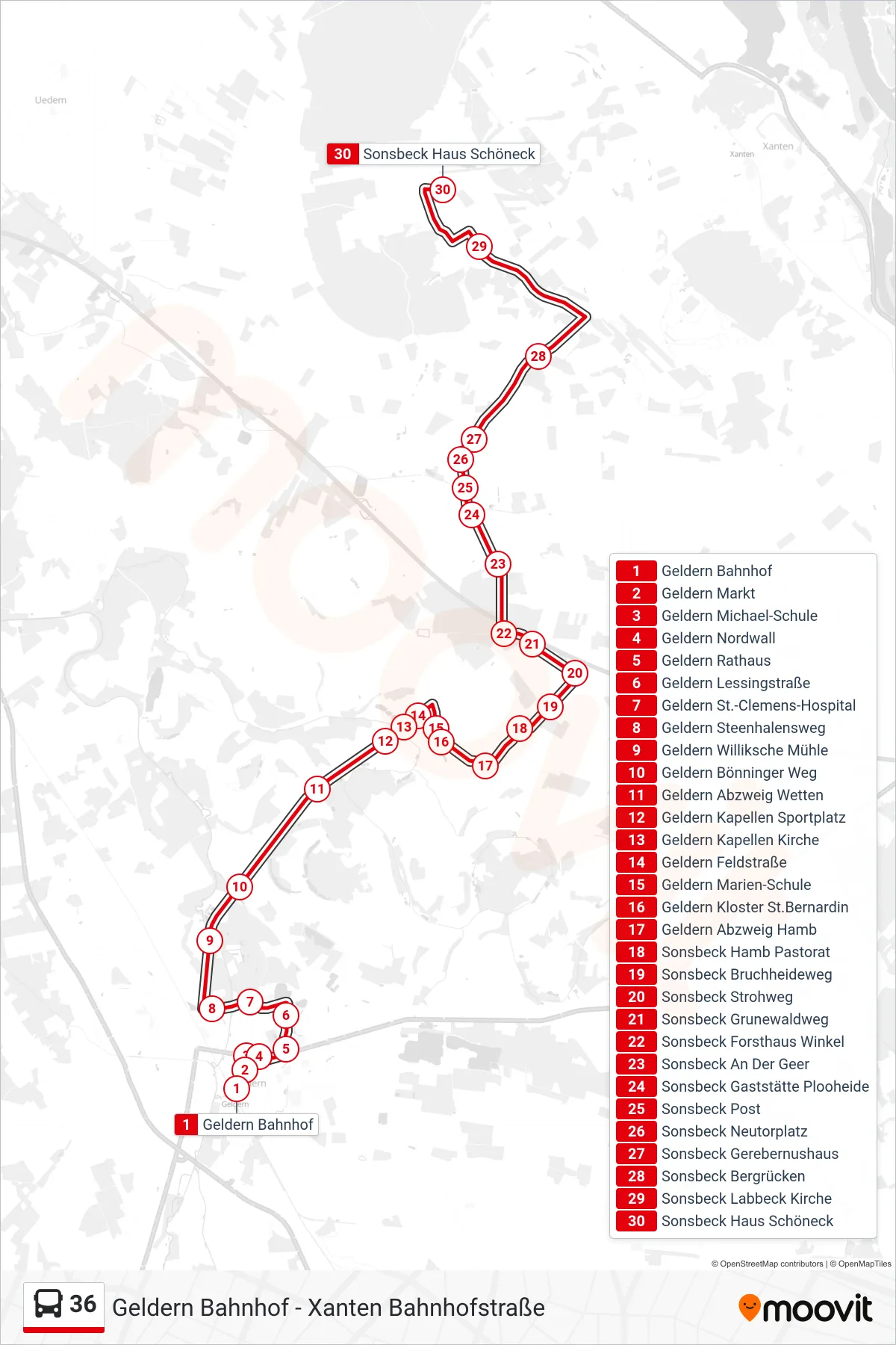 36 bus Line (Sonsbeck Haus Schöneck) route and stops on a map