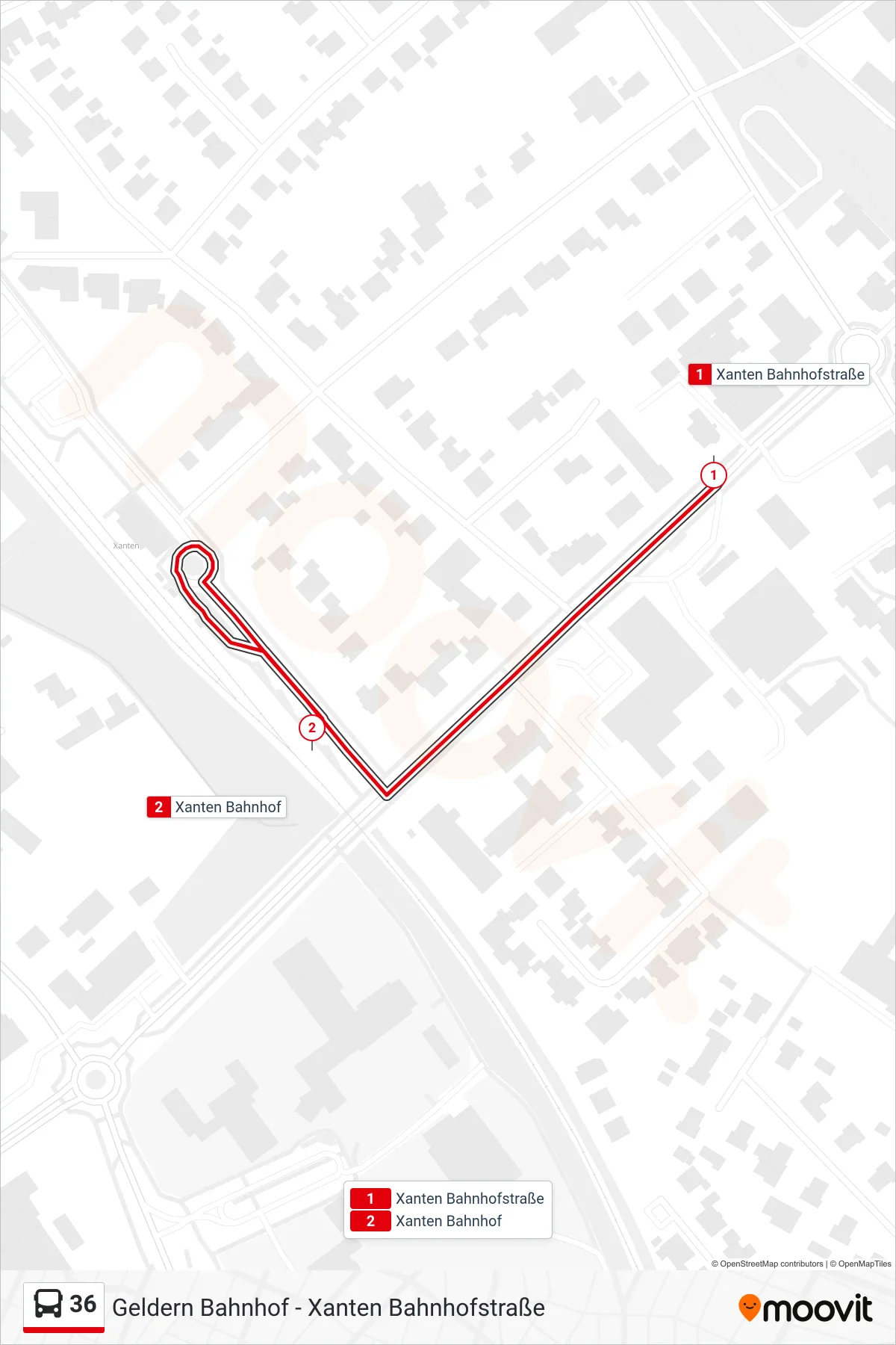 Linie 36 (Bus) Richtung Xanten Bahnhof: Route und Haltestellen auf der Karte