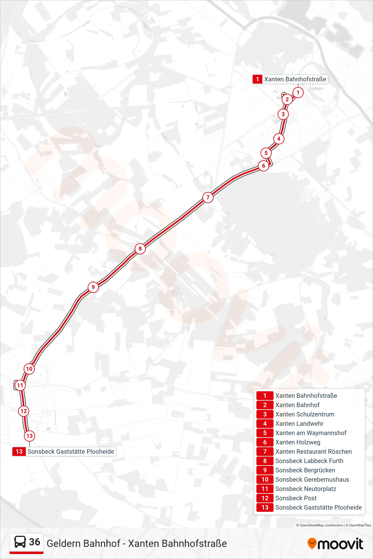 Linie 36 (Bus) Richtung Sonsbeck Gaststätte Plooheide: Route und Haltestellen auf der Karte