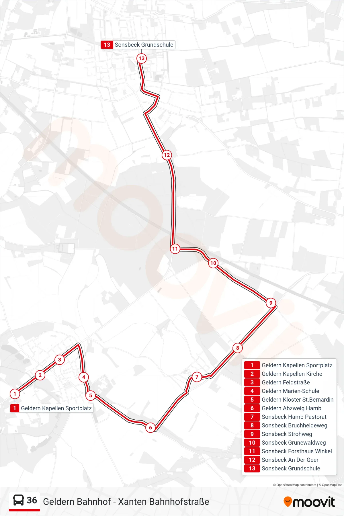 Linie 36 (Bus) Richtung Sonsbeck Grundschule: Route und Haltestellen auf der Karte