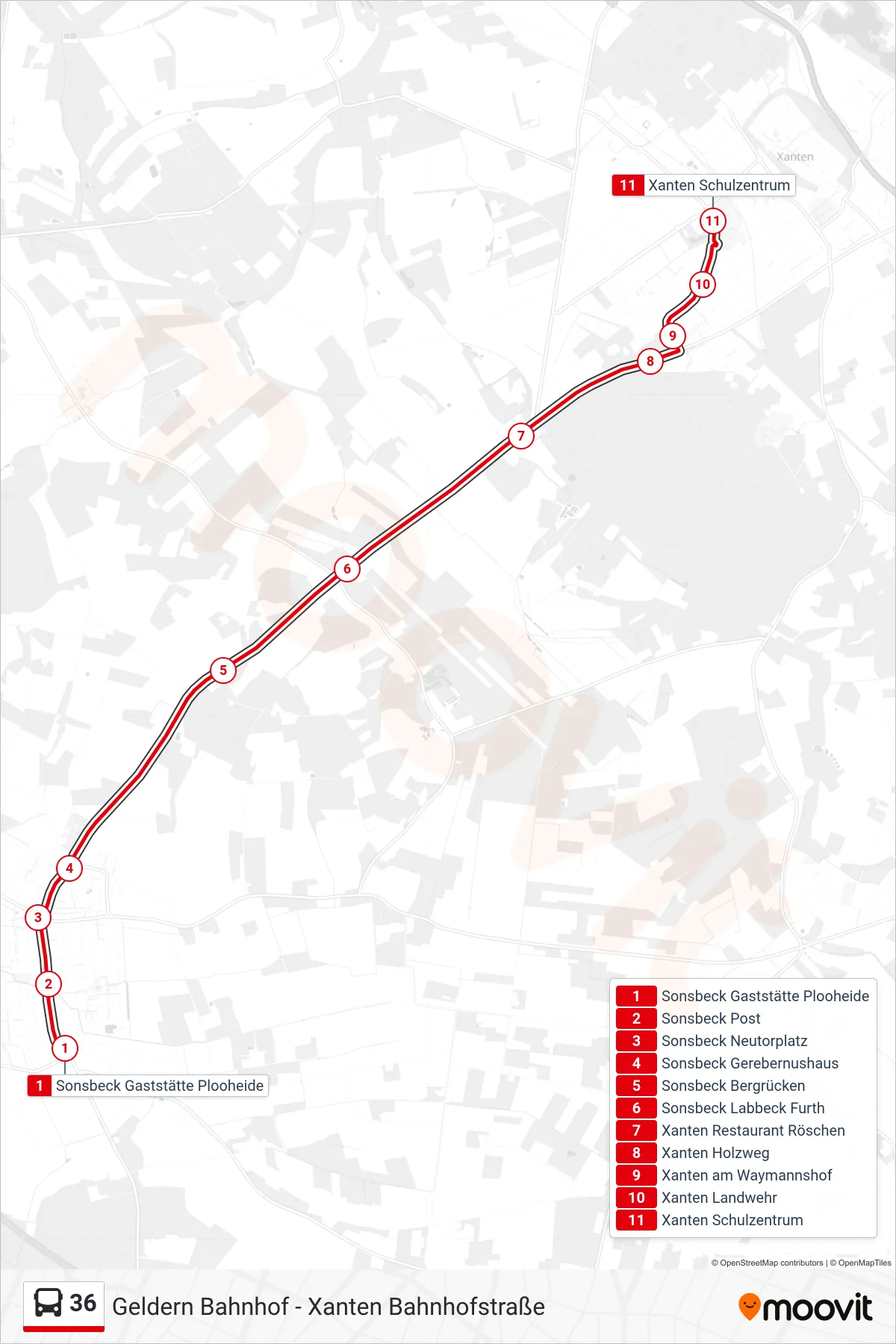 36 bus Line (Xanten Schulzentrum) route and stops on a map