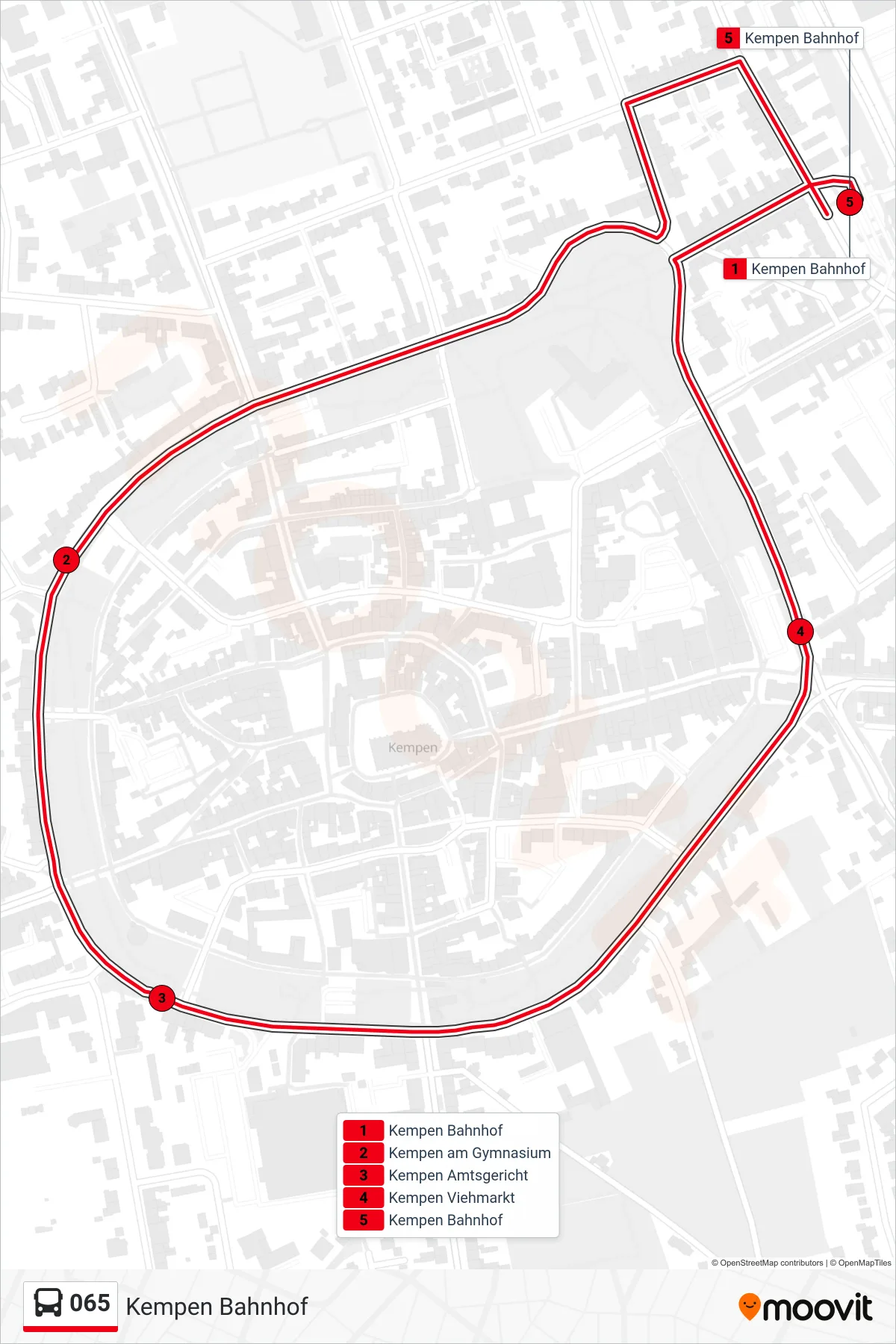 Linie 065 (Bus) Richtung Kempen Bahnhof: Route und Haltestellen auf der Karte