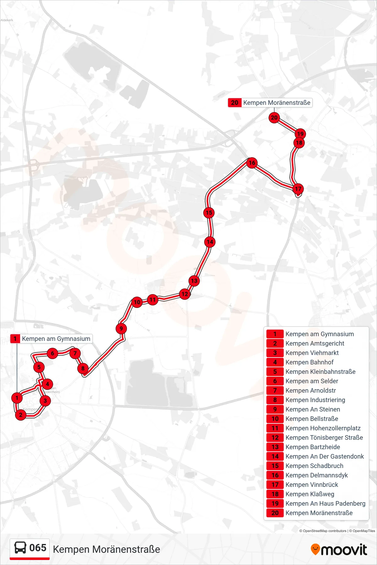 Linie 065 (Bus) Richtung Kempen Moränenstraße: Route und Haltestellen auf der Karte