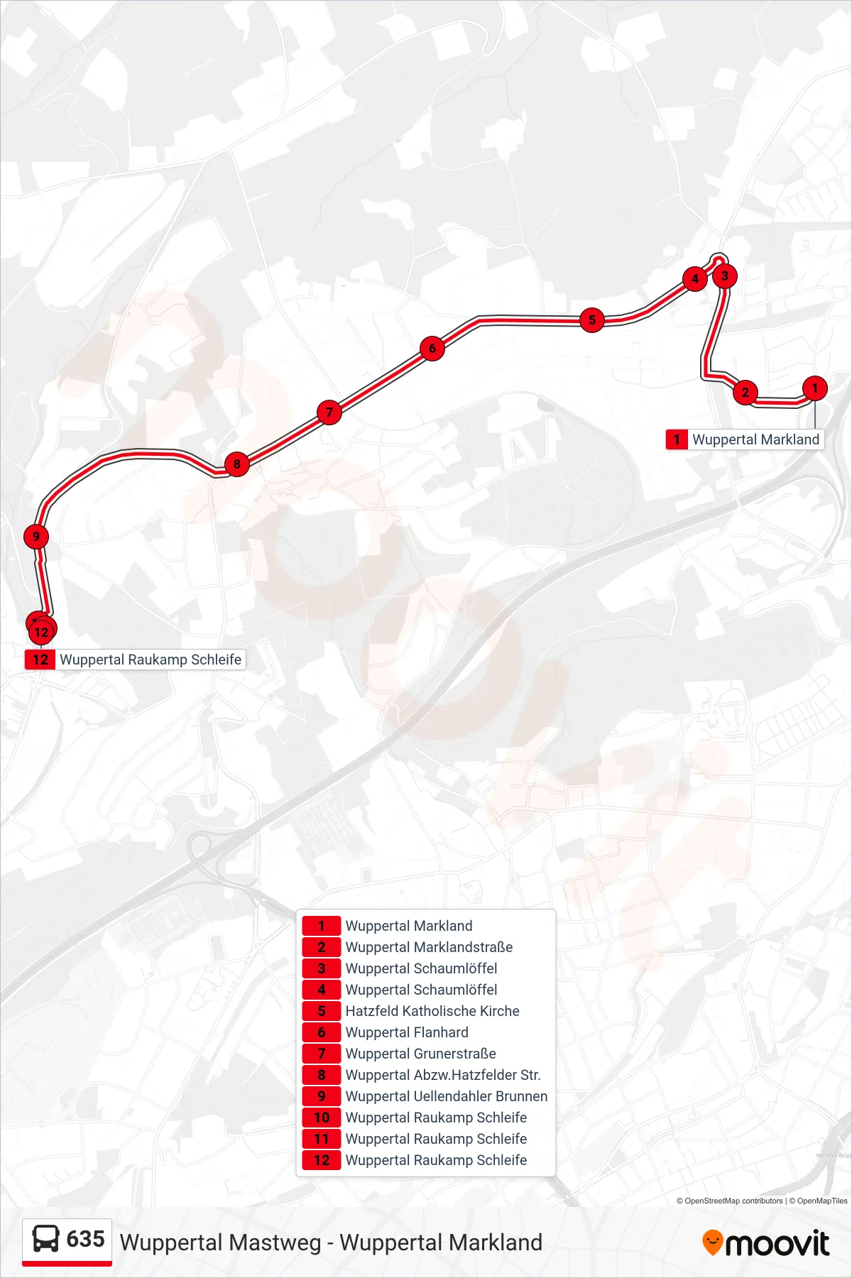 Linie 635 (Bus) Richtung Wuppertal Raukamp Schleife: Route und Haltestellen auf der Karte