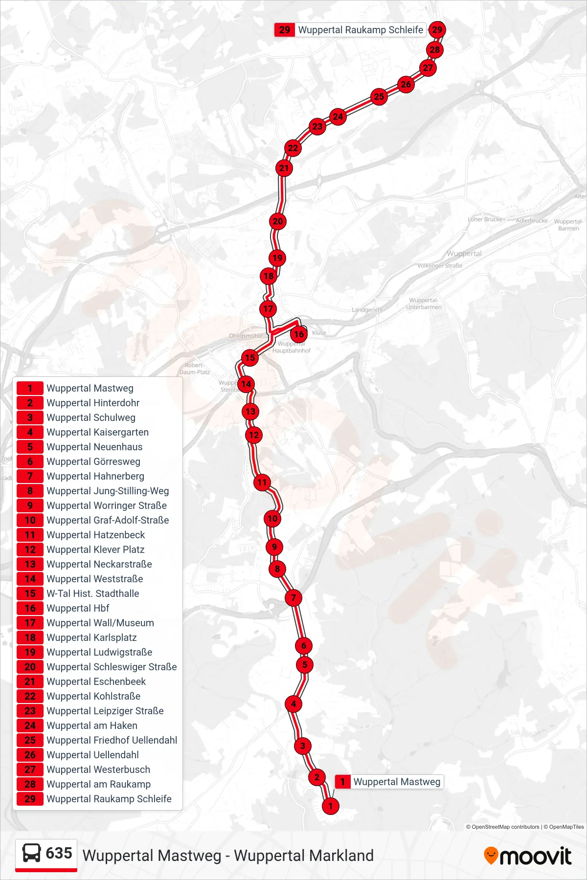 Linie 635 (Bus) Richtung Wuppertal Raukamp Schleife: Route und Haltestellen auf der Karte