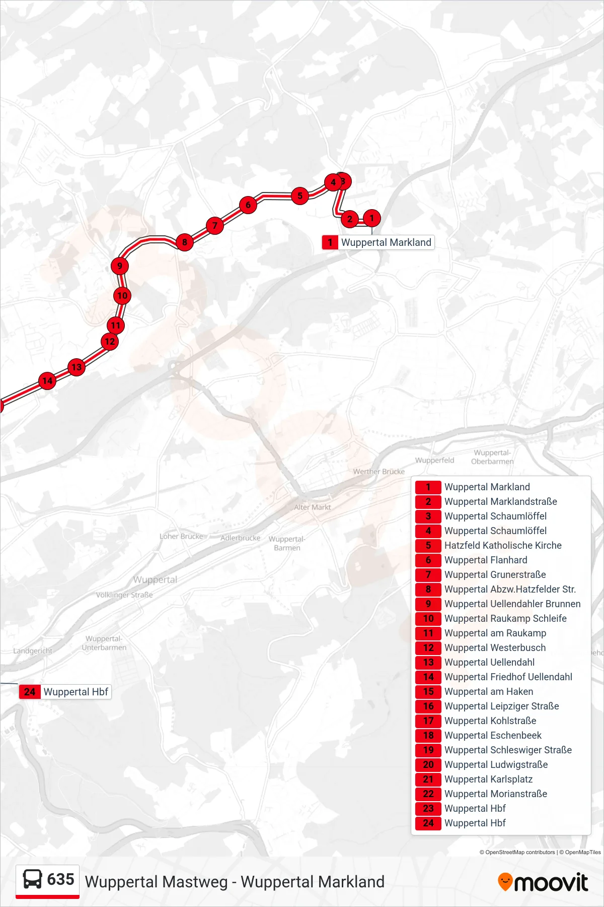 635 bus Line (Wuppertal Hbf) route and stops on a map