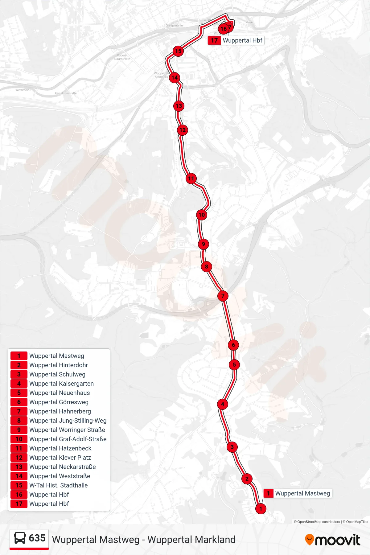 Linie 635 (Bus) Richtung Wuppertal Hbf: Route und Haltestellen auf der Karte