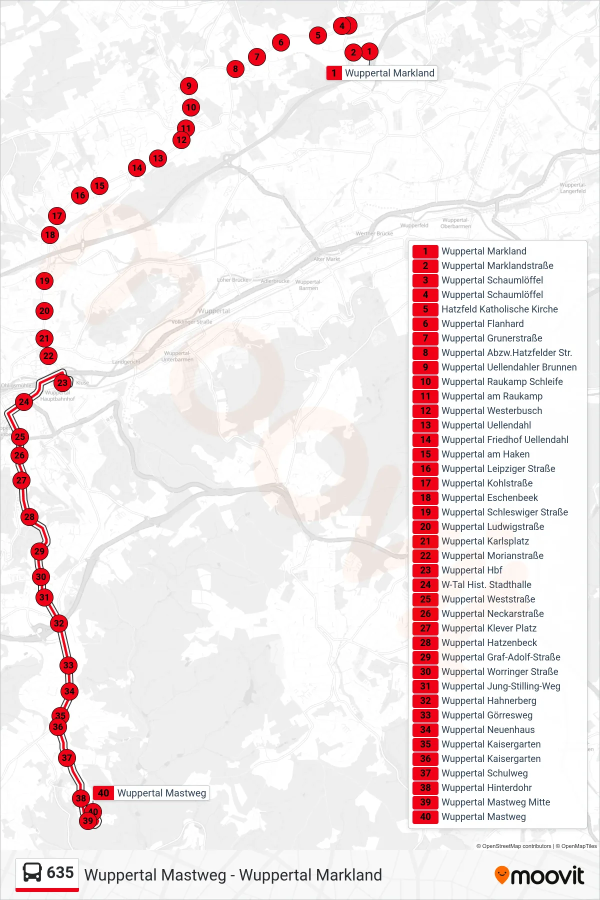 Linie 635 (Bus) Richtung Wuppertal Mastweg: Route und Haltestellen auf der Karte