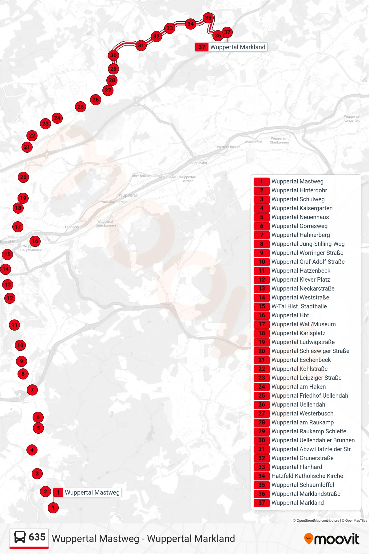 Linie 635 (Bus) Richtung Wuppertal Markland: Route und Haltestellen auf der Karte
