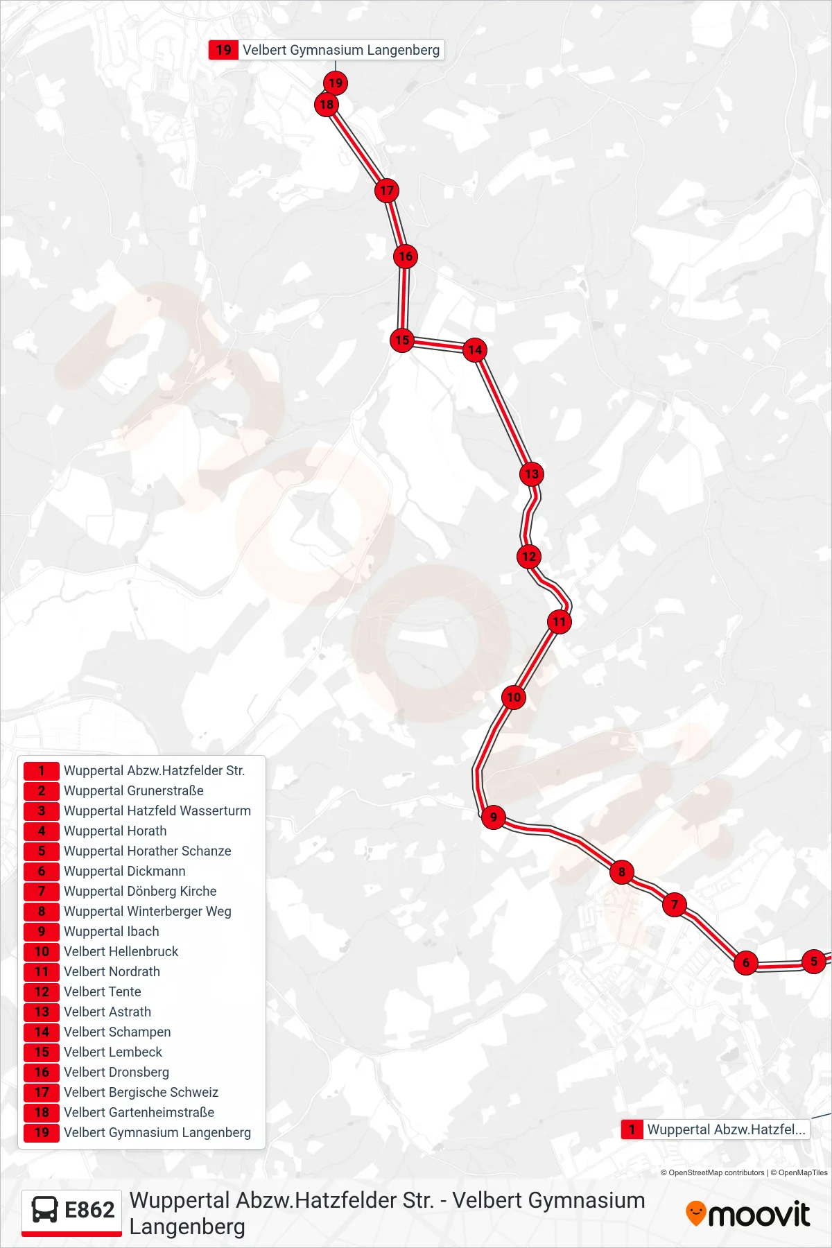 Linie E862 (Bus) Richtung Velbert Gymnasium Langenberg: Route und Haltestellen auf der Karte