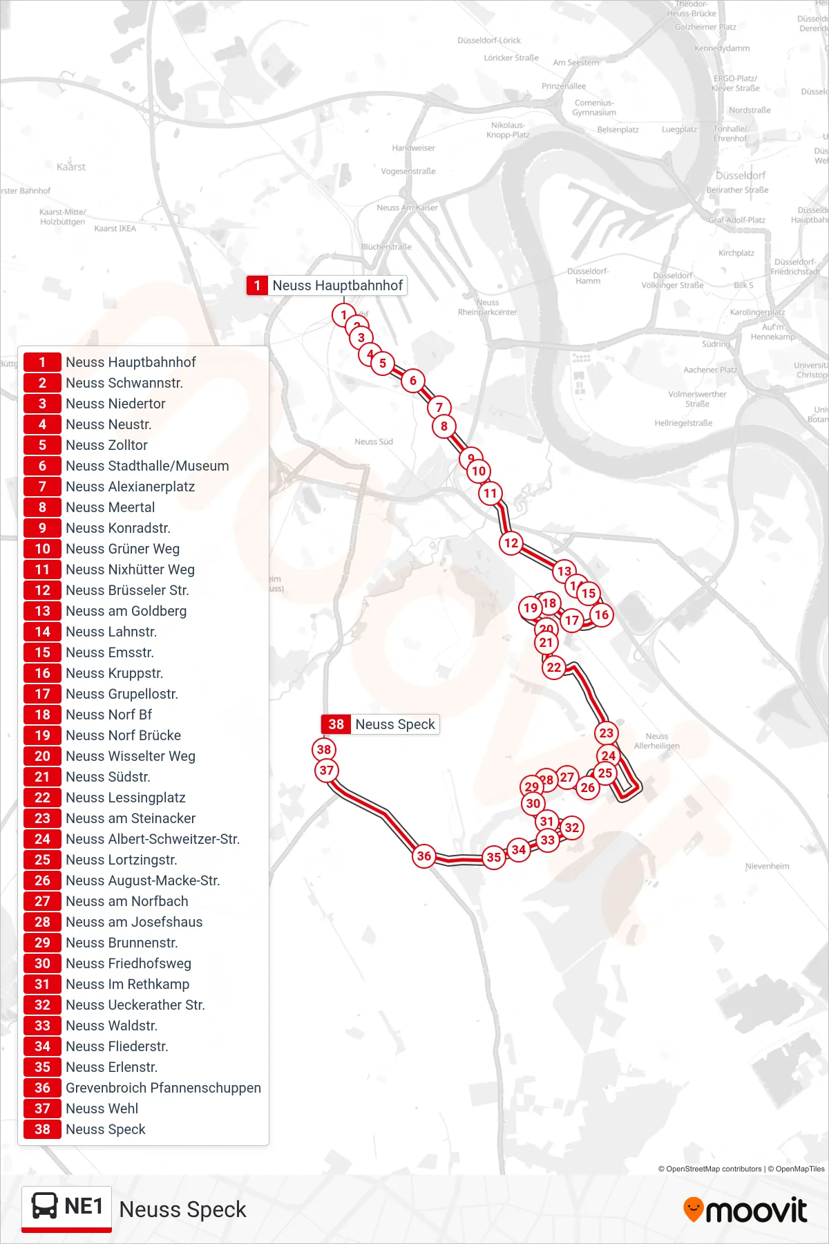 Linie NE1 (Bus) Richtung Neuss Speck: Route und Haltestellen auf der Karte