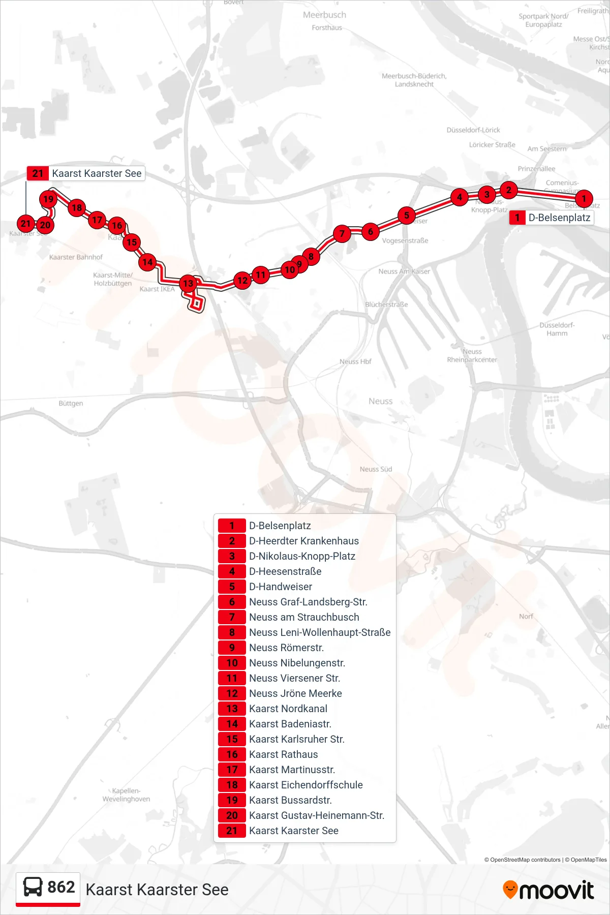 Linie 862 (Bus) Richtung Kaarst Kaarster See: Route und Haltestellen auf der Karte