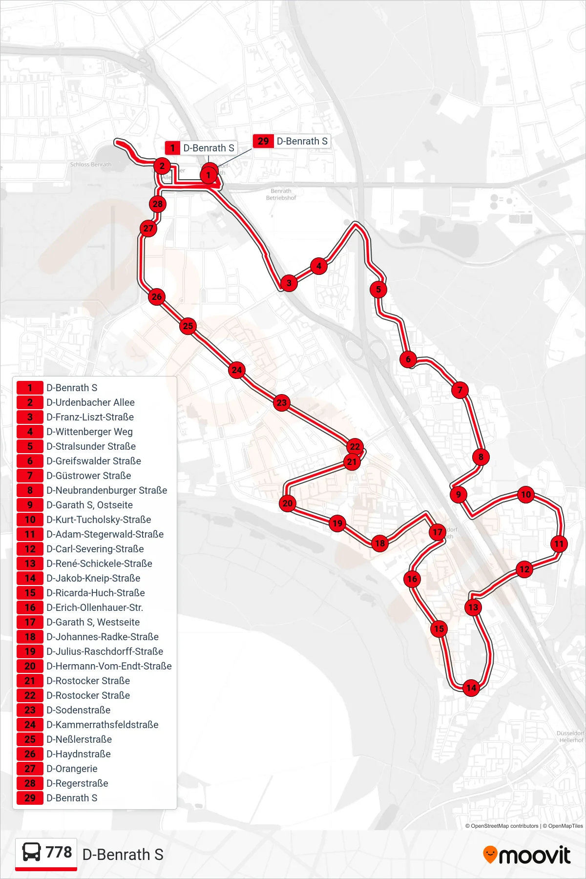 Linie 778 (Bus) Richtung D-Benrath S: Route und Haltestellen auf der Karte