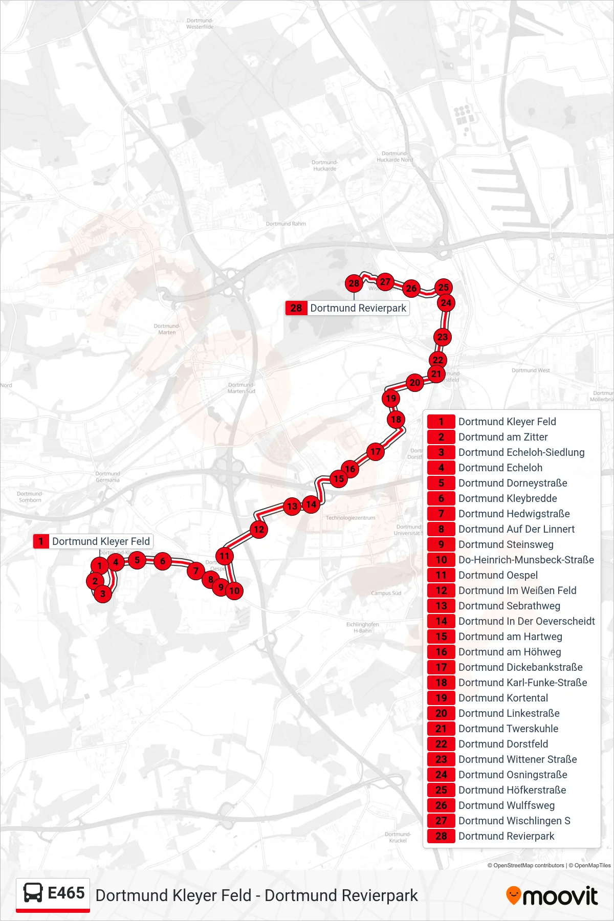 Linie E465 (Bus) Richtung Dortmund Revierpark: Route und Haltestellen auf der Karte