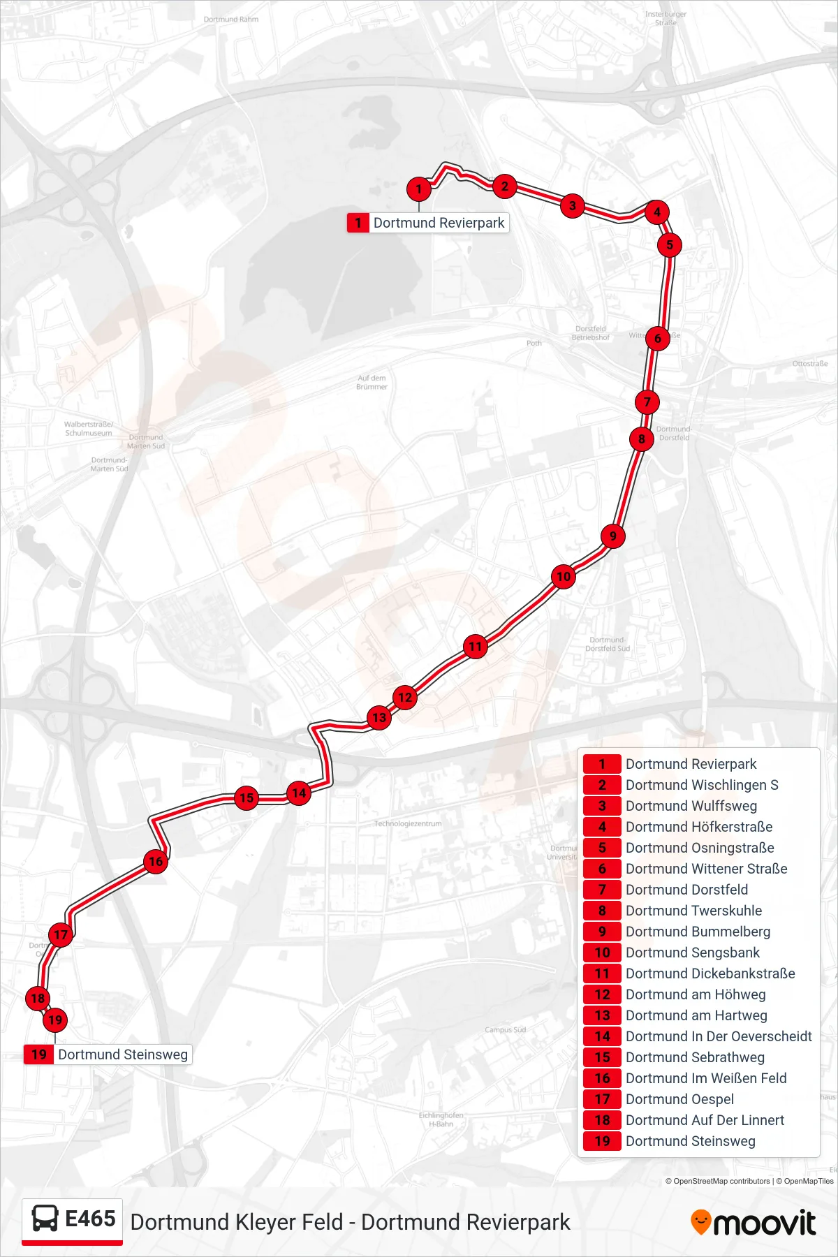 E465 bus Line (Dortmund Steinsweg) route and stops on a map