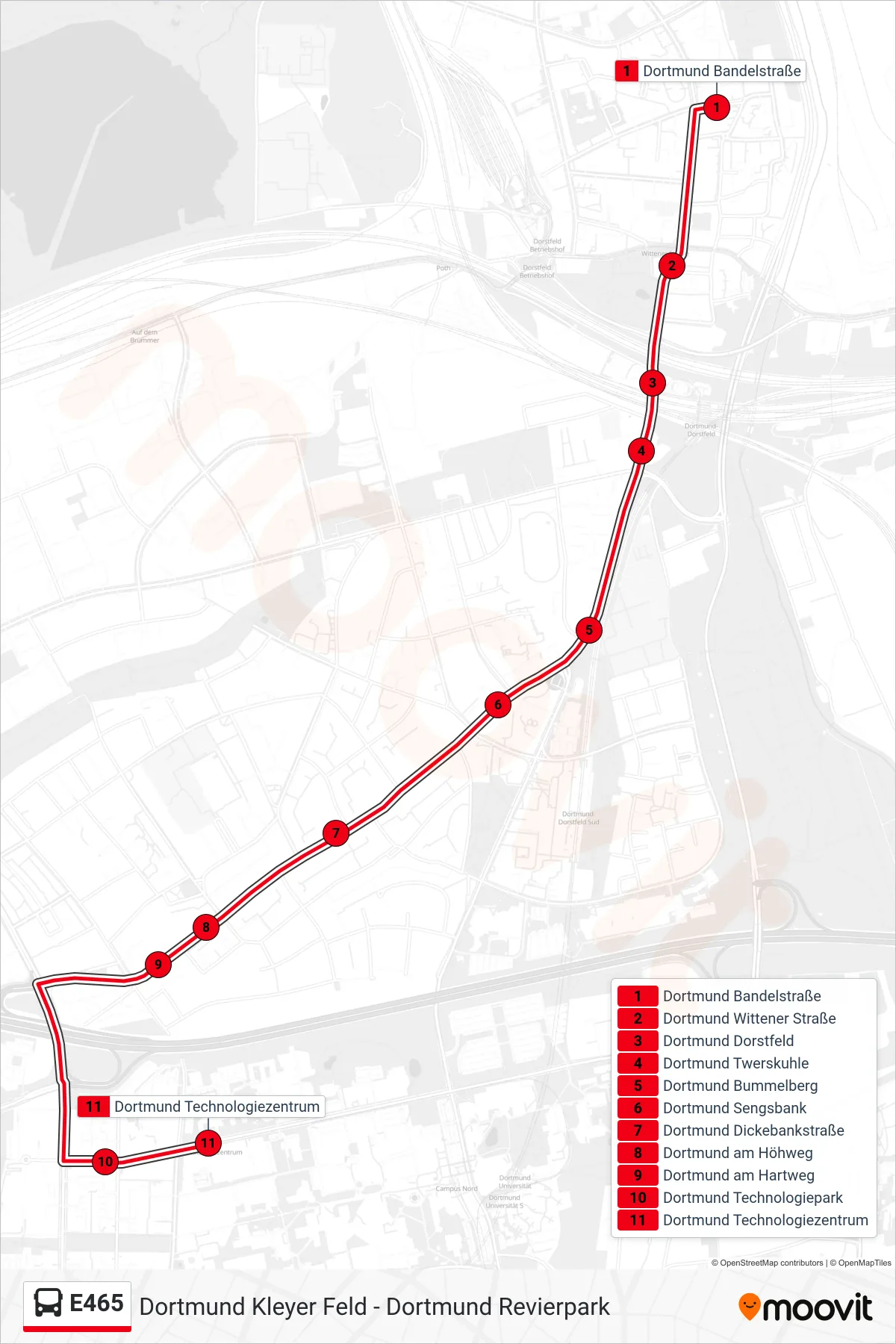 E465 bus Line (Dortmund Technologiezentrum) route and stops on a map
